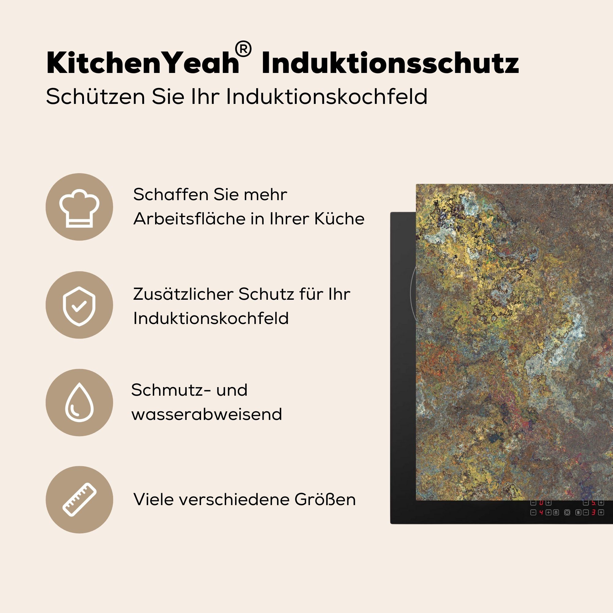 MuchoWow Herdblende-/Abdeckplatte Rost - Ceranfeldabdeckung Vinyl, Induktionskochfeld, Stein (1 - tlg), cm, - Schiefer Industrie, Induktionsschutz, 57x51