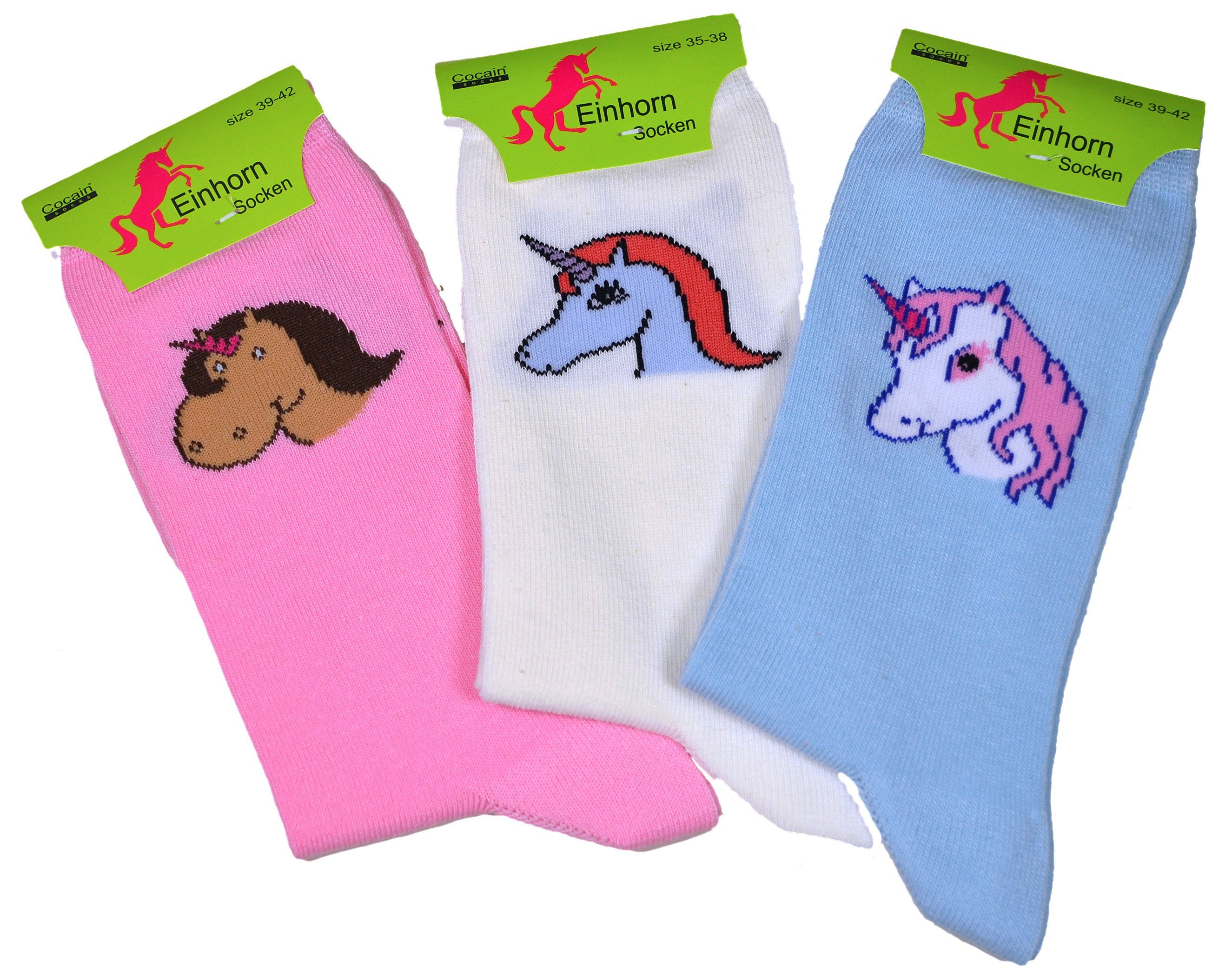 Cocain underwear Freizeitsocken Kinder Mädchen Damen Socken Einhorn farbig atmungsaktiv 9 Paar | weiss rosa hellblau