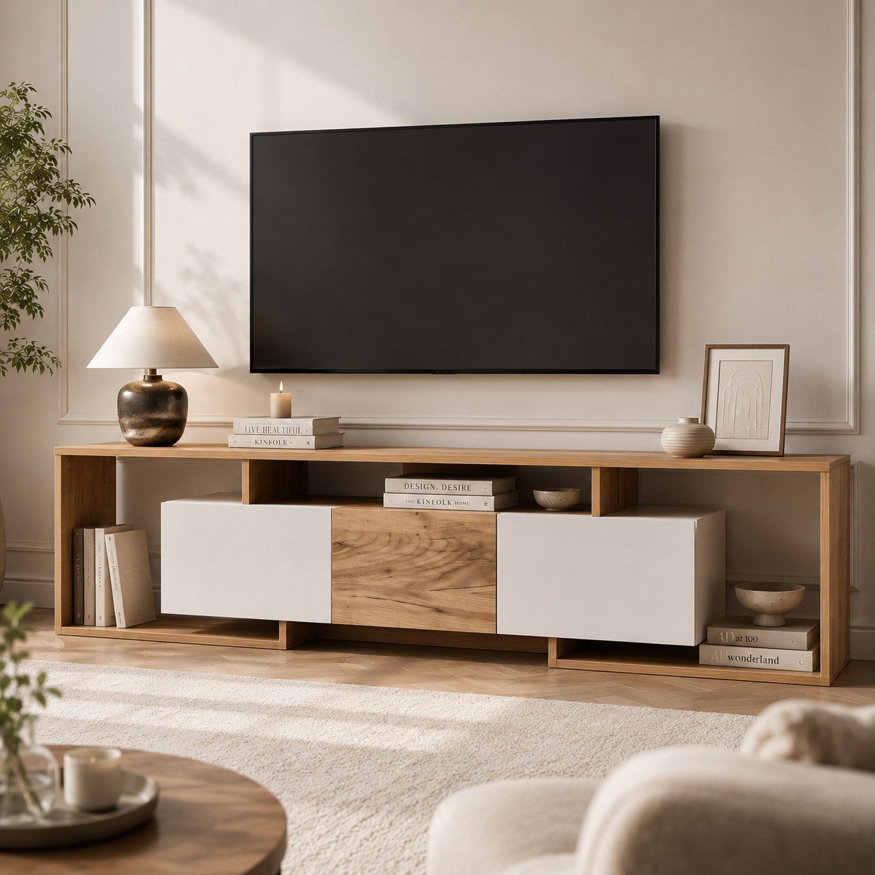 Yorbay Lowboard Lowboard Durchbrochenes Design TV Schrank, für TVs bis 85 Zoll, Holz Fernsehschrank mit 2 Klapptüren, Drehtür, 3 offenen Fächern