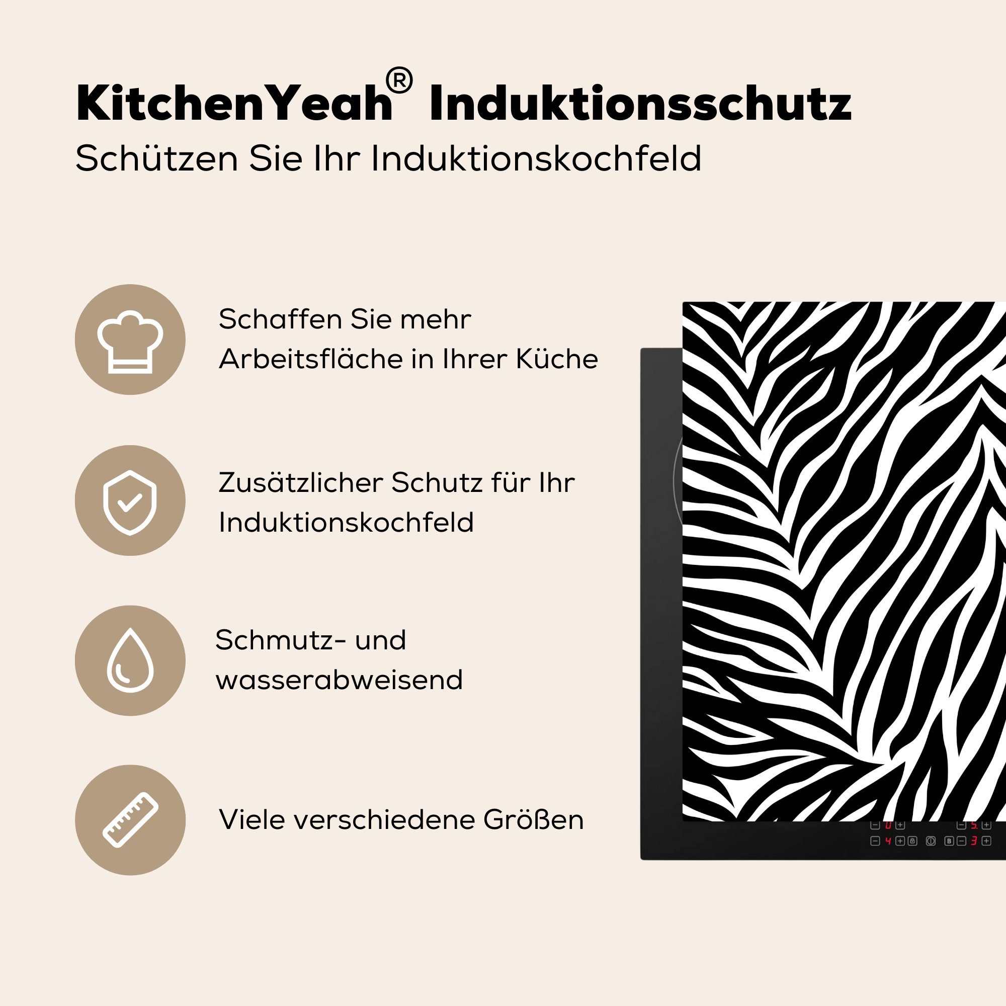 MuchoWow Vinyl, (1 tlg), 78x78 und Zebradruck schwarzen für Herdblende-/Abdeckplatte Ceranfeldabdeckung, cm, Arbeitsplatte Streifen, mit weißen küche
