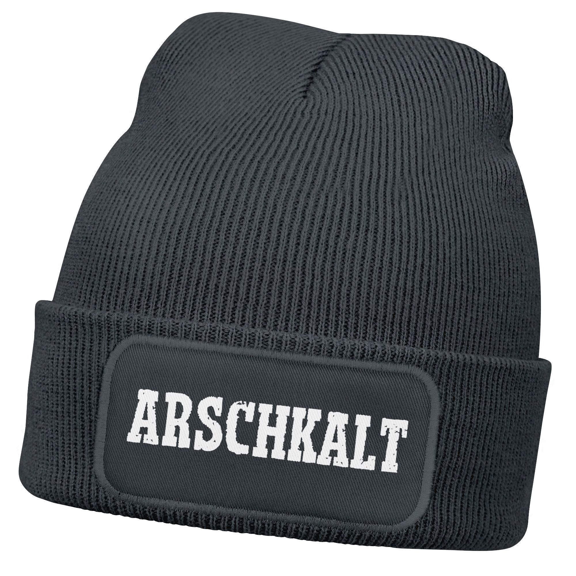 Strickmütze Moonworks® Damen Beanie mit Patch Arschkalt Strickmütze mit Spruch