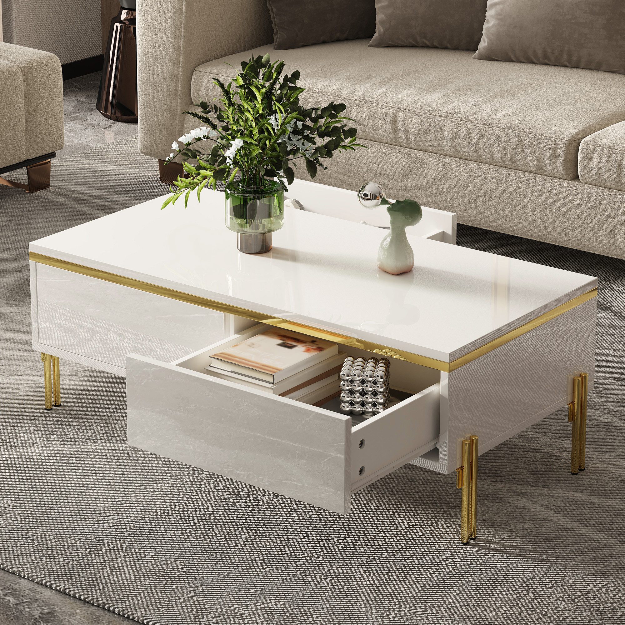 HAUSS SPOLE Couchtisch Hochglanz mit stauraum,Beistelltisch mit Schubladen und Metallbeine (Packung, 1-St., mit beidseitigen Schubladen), multifunktional, Wohnzimmermöbel
