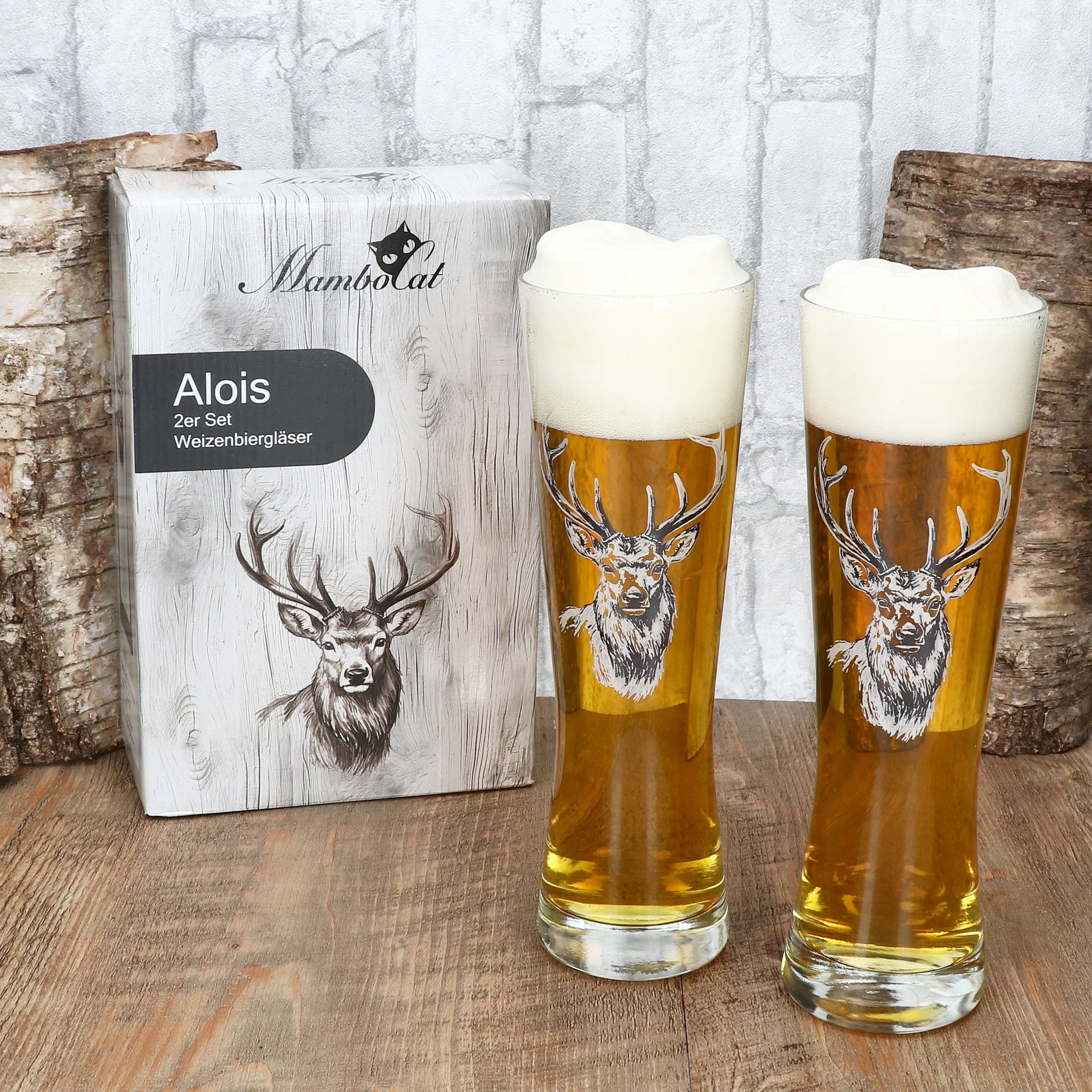 MamboCat Bierglas Alois 6er Set Weizenglas 0,5 L Hirschmotiv Geschenkverpackung, Glas