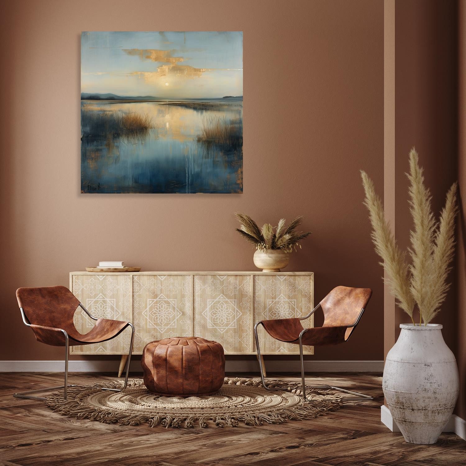 queence Acrylglasbild Gräser im See mit goldenen Wolken, Abstrakt, Abstrakte, Formen, Gemälde, Gewässer, Kunst (1 St), HD Premium Kunstdruck in Galeriequalität