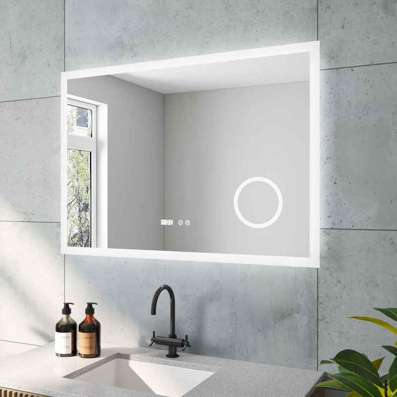 AQUABATOS LED-Lichtspiegel Led Spiegel mit Beleuchtung Badspiegel Badzimmerspiegel Wandspiegel, Digital Uhr Kosmetikspiegel Beschlagfrei Kaltweiß Rechteckige Ecken