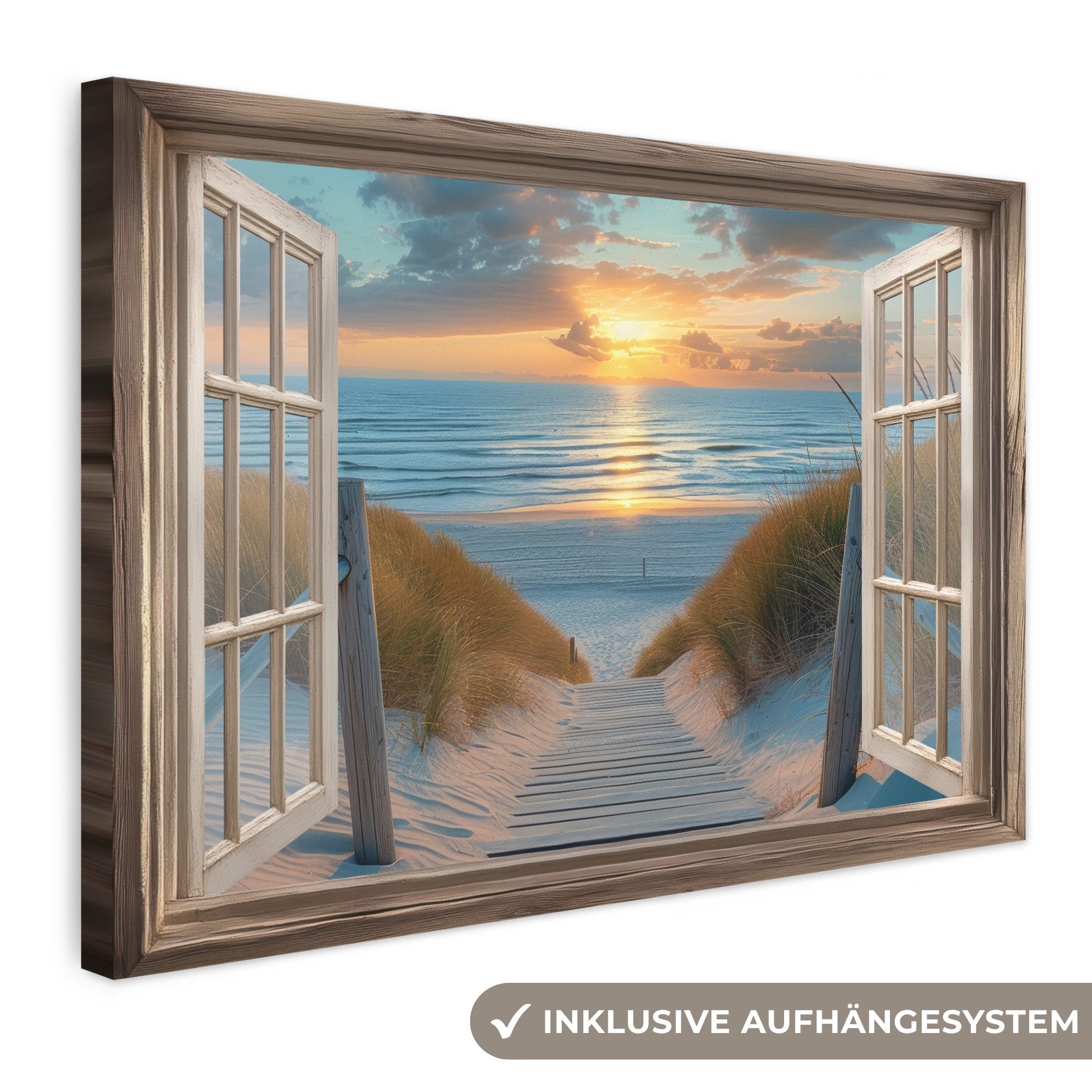 OneMillionCanvasses® Leinwandbild Durchblick - Strand - Weg - Sonnenuntergang, Fotodruck (1 St), Leinwand Bilder Klein, Wand Dekoration Aesthetic 30x20 cm