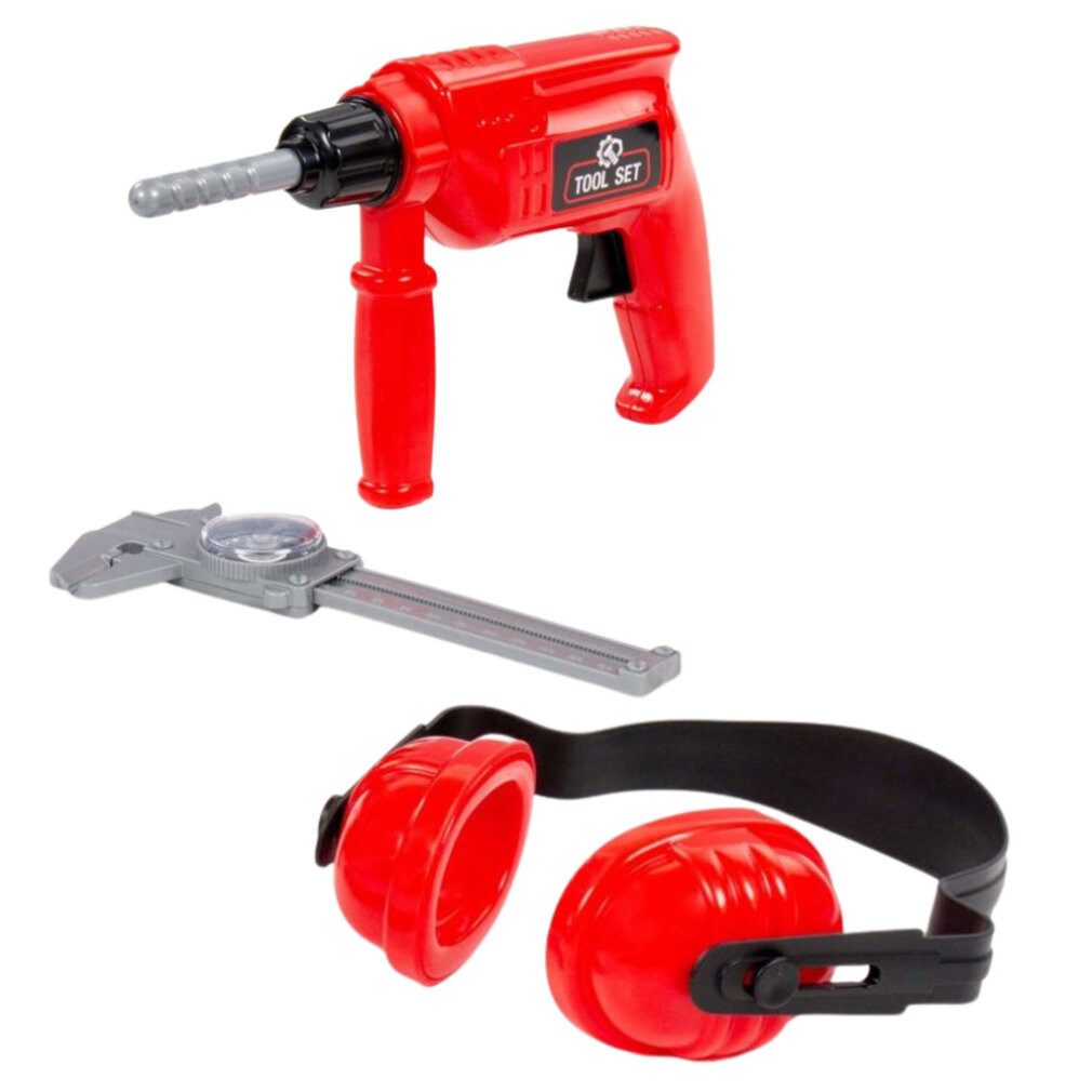 WADER QUALITY TOYS Spiel Werkzeugsatz Rot Bohrer Ohrenschützer Schieblehre 91116