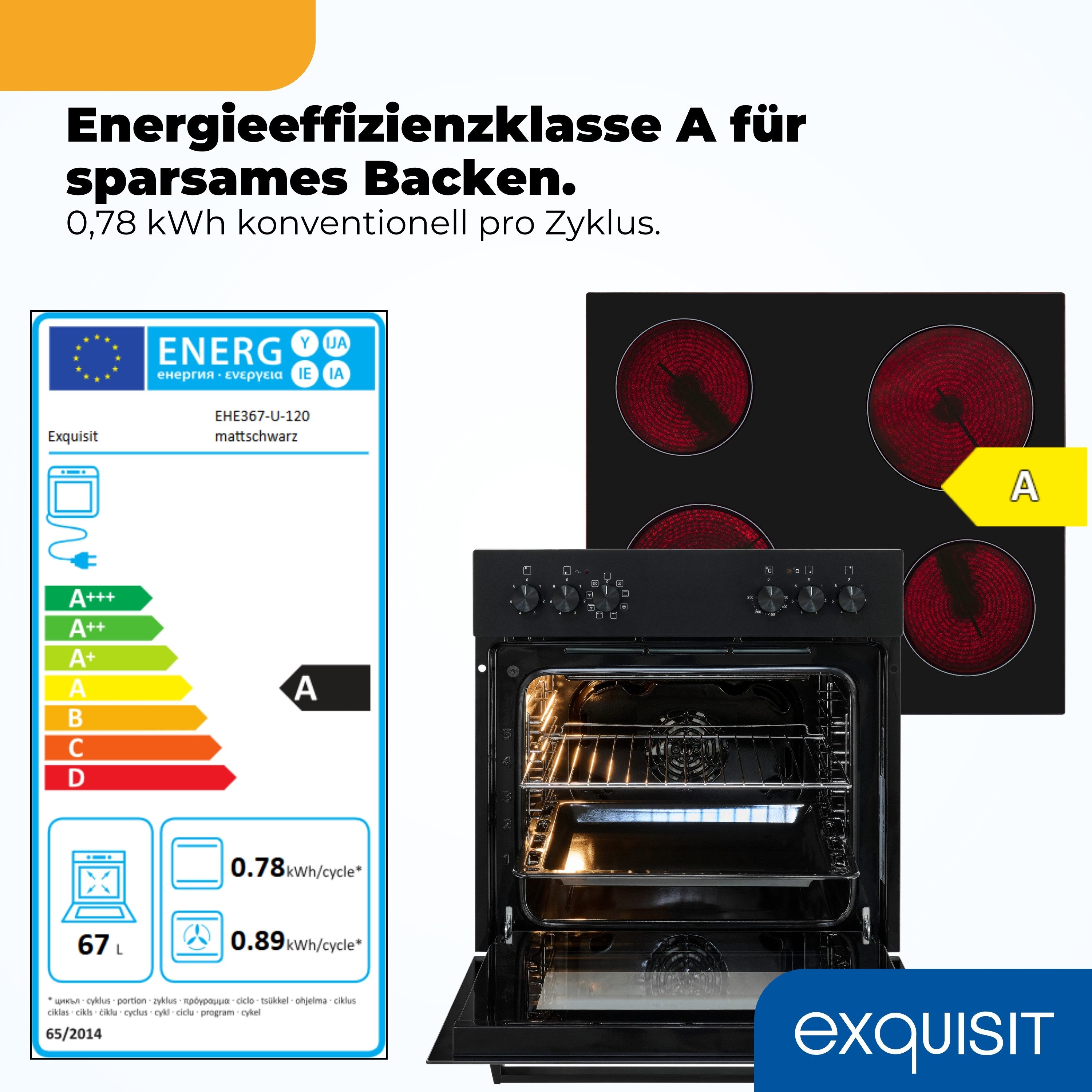 exquisit Elektro-Herd-Set EHE367-U-120 mattschwarz-Set, Modern, trendiges Mattschwarz,Umluft ideal für mehrere Plätzchenbleche
