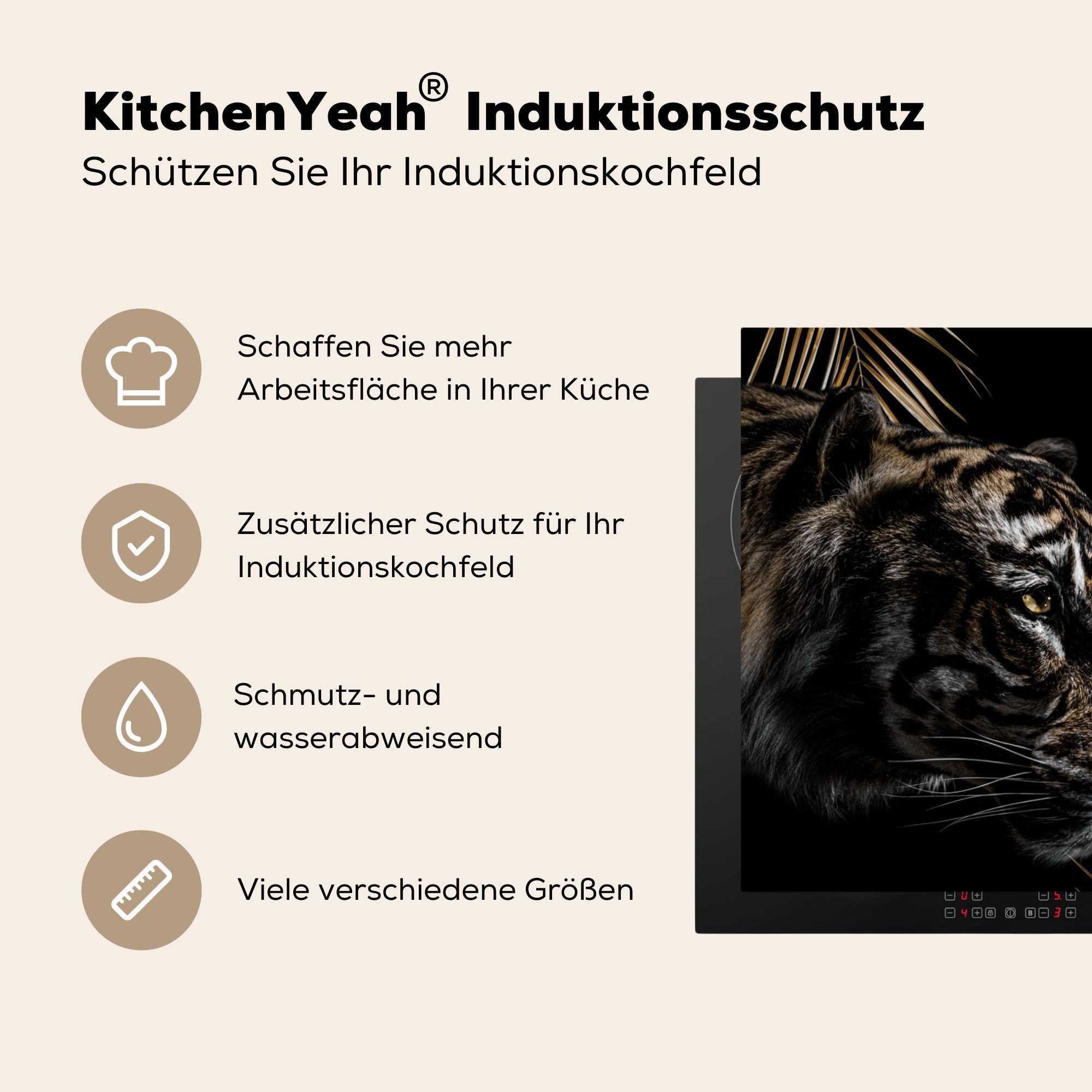 MuchoWow Herdblende-/Abdeckplatte Tiger - für Vinyl, cm, - 78x78 (1 Ceranfeldabdeckung, küche tlg), Arbeitsplatte Farn Schwarz