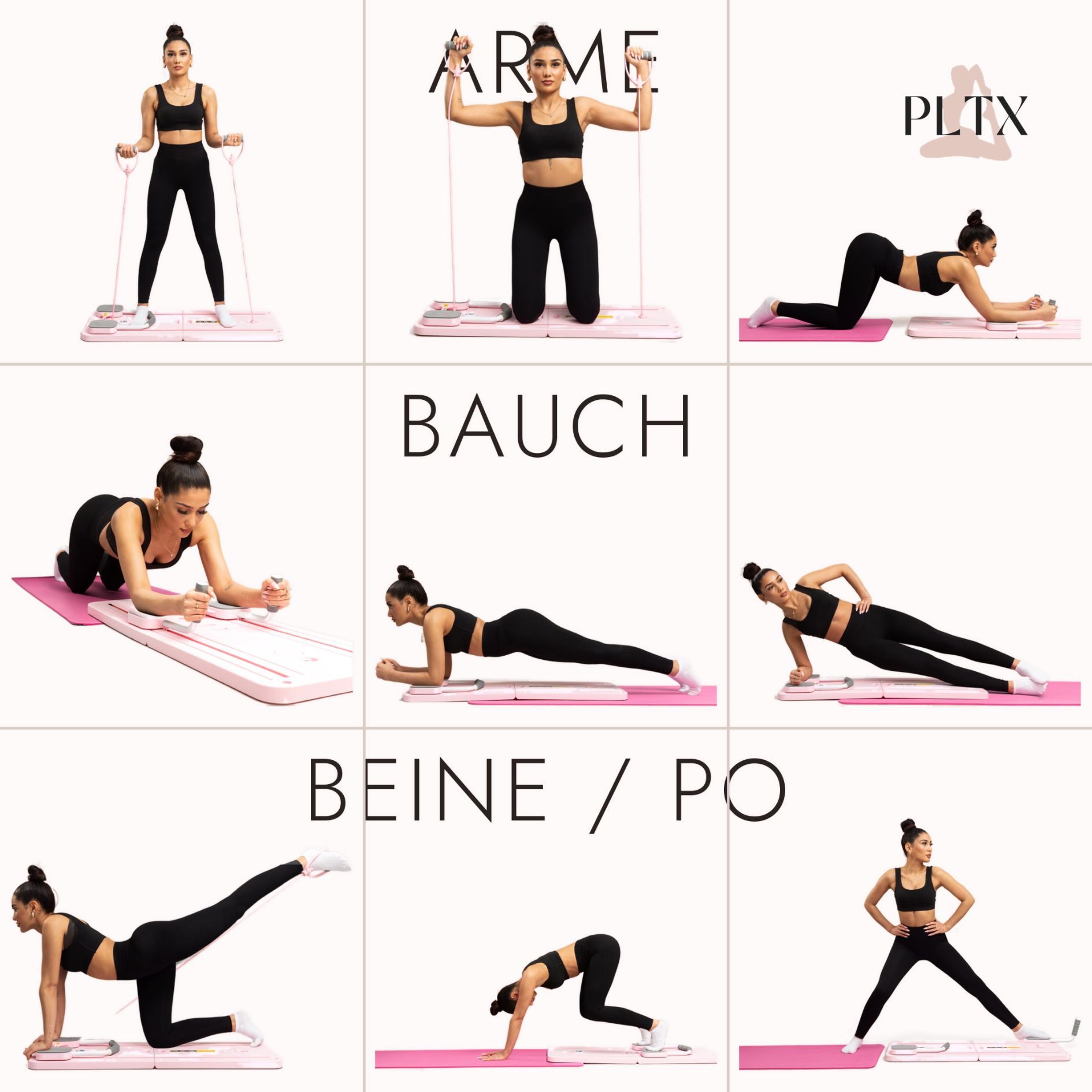 Pilatexx Pilates-Reformer PLTX - Faltbarer Pilates Reformer mit Videobibliothek (50+ Übungen), (Set, 6-tlg., inkl. 14/28 Tage Trainingspläne, inkl. Videobibliothek (50+ Übungen), Gelenkschonendes Ganzkörpertraining für alle Fitnesslevel