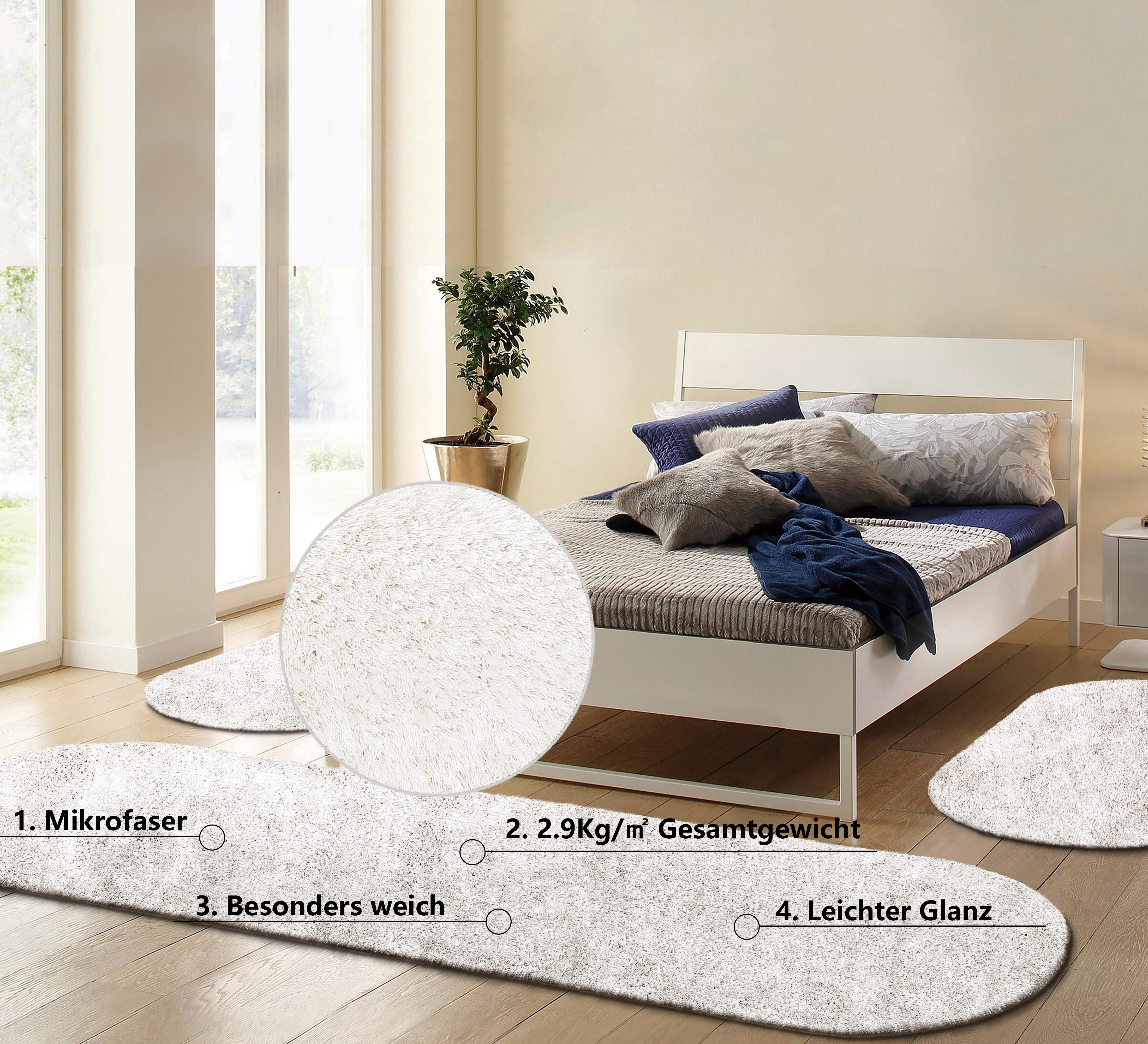 Bruno Banani Hochflor-Bettumrandung Dana Teppich, Kundenliebling, Höhe 30 mm, (3-tlg), unifarben, Mikrofaser, pflegeleicht, Bettvorleger, …