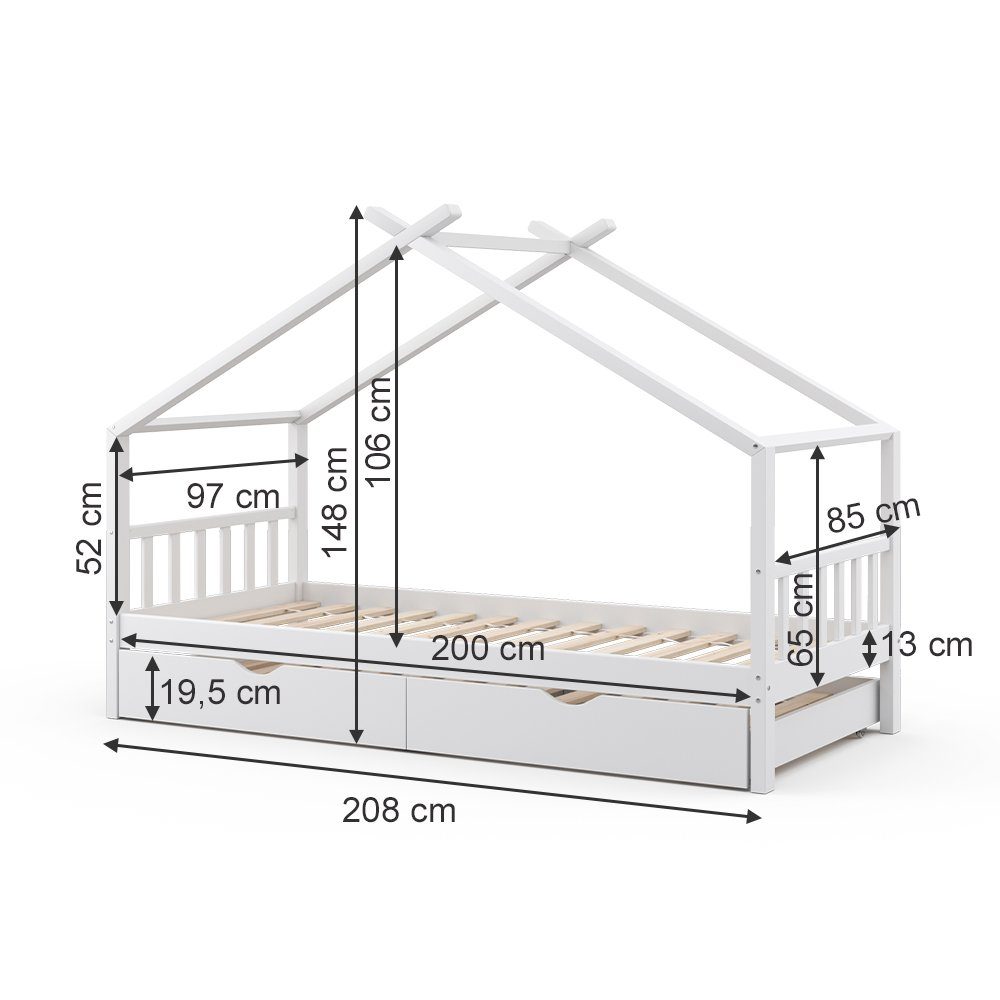 VitaliSpa® Hausbett Design, Weiß, 90x200 cm mit Gästebett (1-tlg)