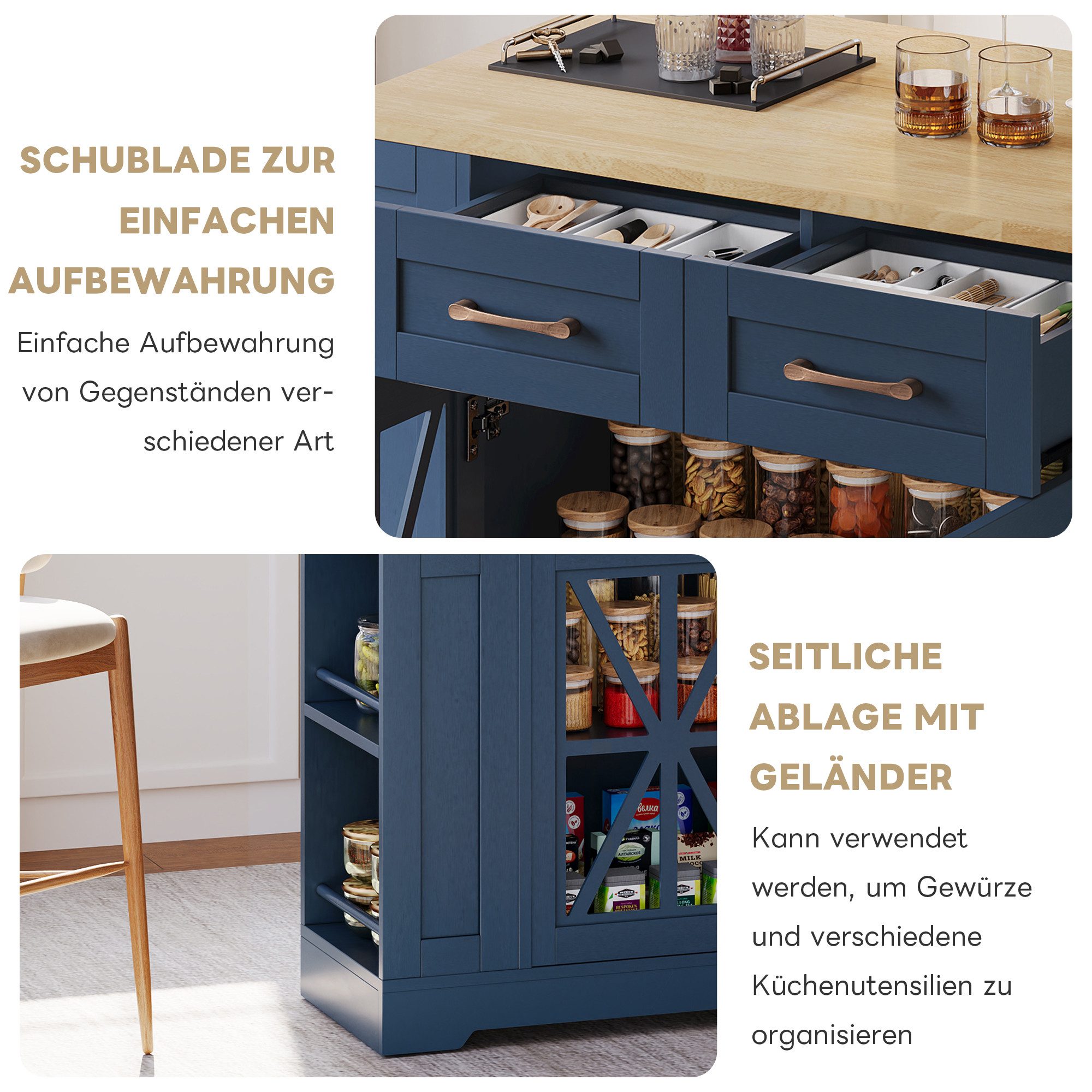 i@home Kücheninsel mit klappbarer Arbeitsplatte Esstisch, 120x70 cm erweiterbar, (4 Türen + 1 Schublade, Mit Gewürzregal & Handtuchhalter), Ideal für kleine Küche, Wohnküche & Esszimmer