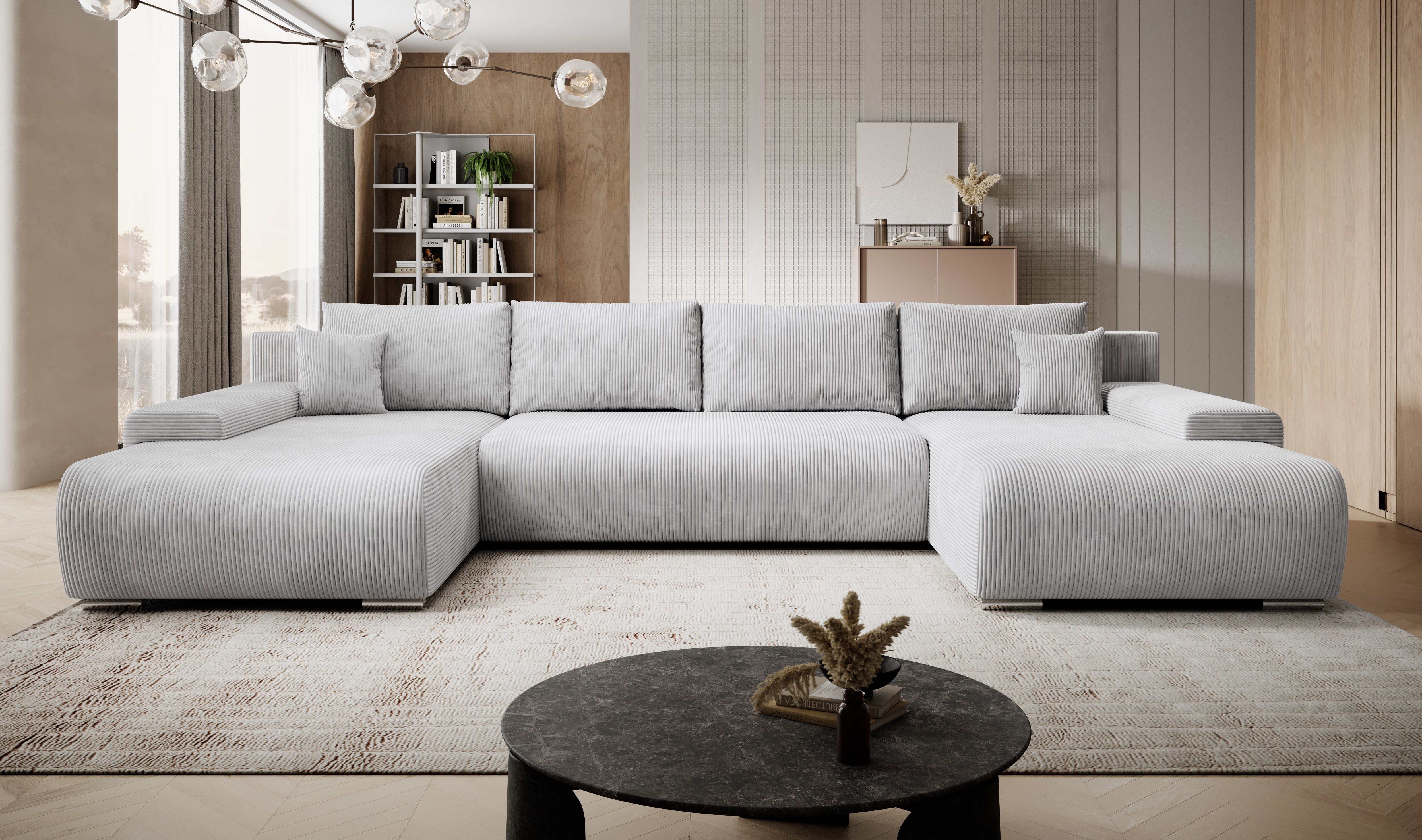 und U-Form, grau Schlaffunktion Ecksofa mit Credo Möbel Bettkasten, U-Form PROMETO Couch Ecksofa