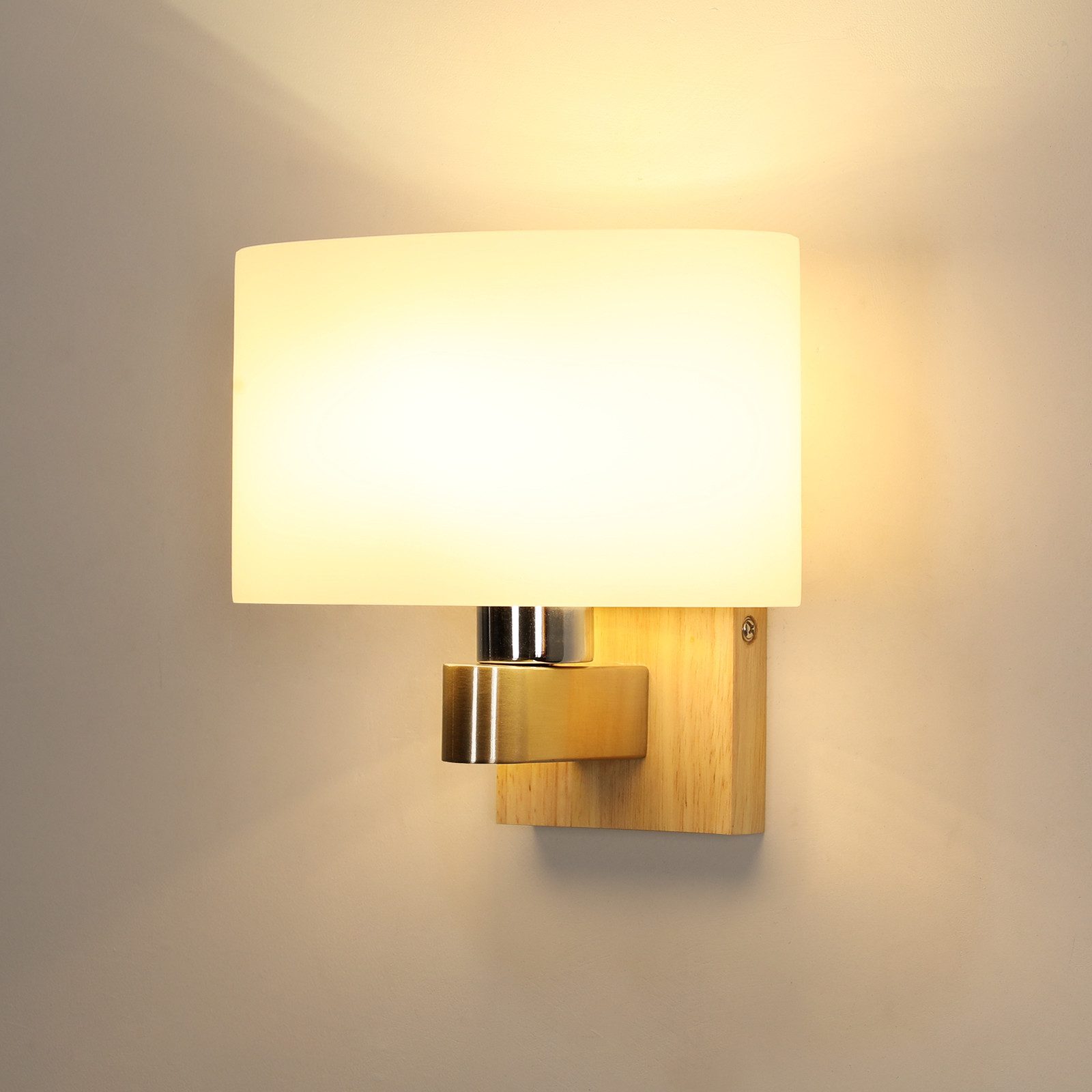 Riserva Wandleuchte Nordische Wandleuchte Holz E27, Wandlampe mit Glas-Schirm, LED wechselbar