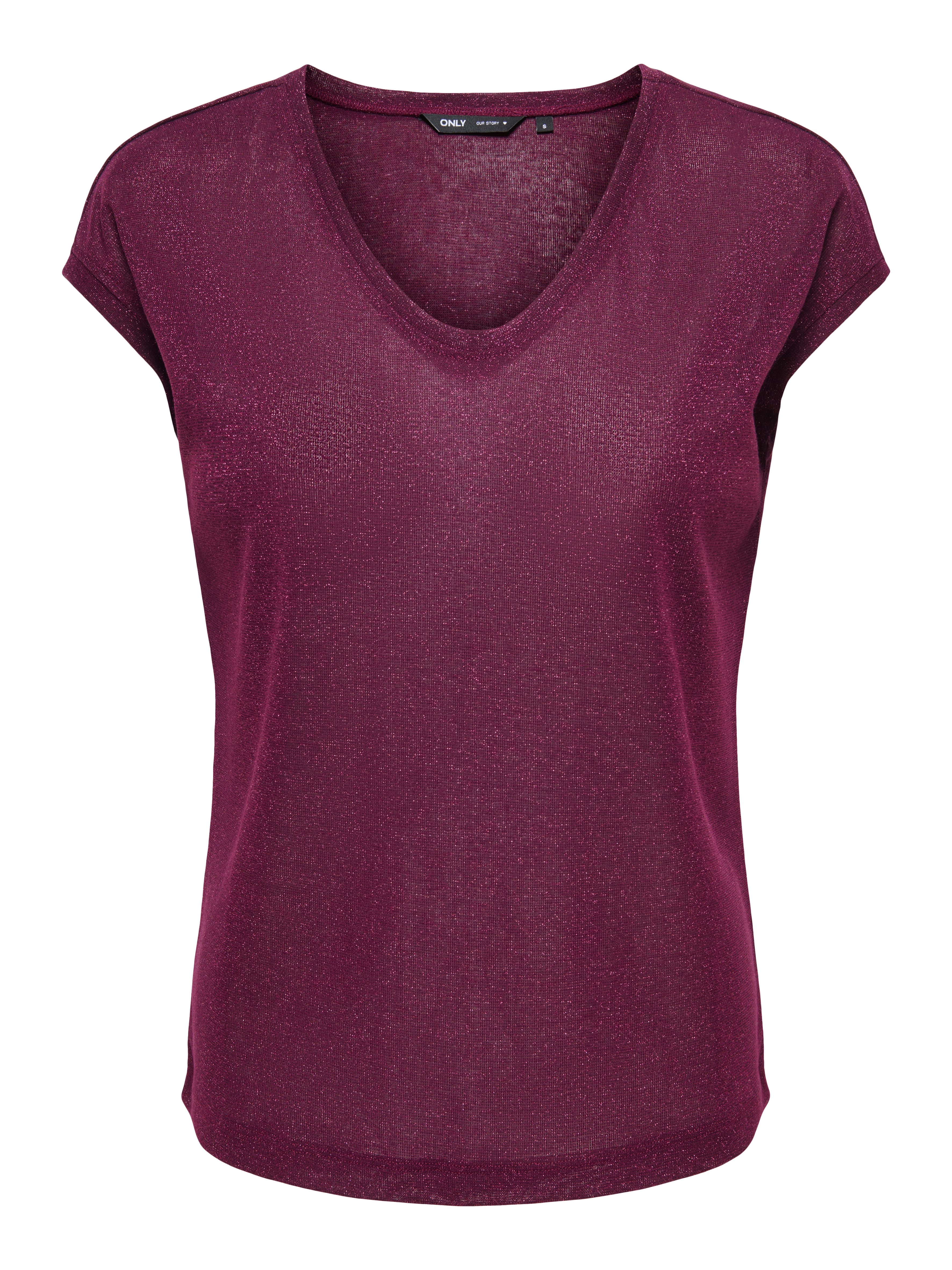 ONLY Kurzarmshirt ONLSILVERY S/S V NECK LUREX TOP JRS NOOS Materialmix mit Glitzer, loose fit, Rundhals