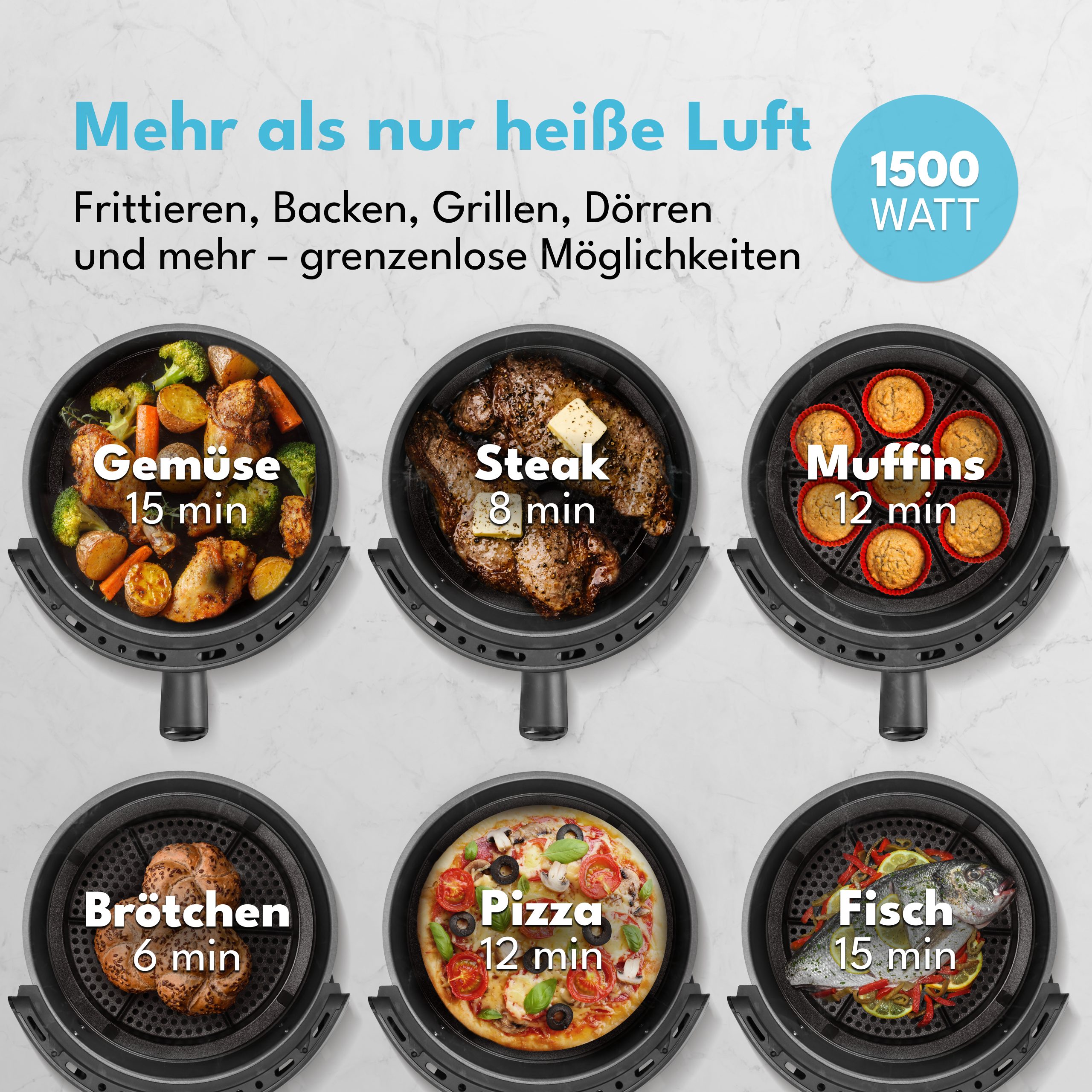 Lebenlang Heißluftfritteuse Airfryer 5L & 8 Programme, Ohne Fett&Öl, Für die ganze Familie, 1500 W, 8 Modi, 5 L Volumen, Sichtfenster und intuitives Touch-Bedienfeld