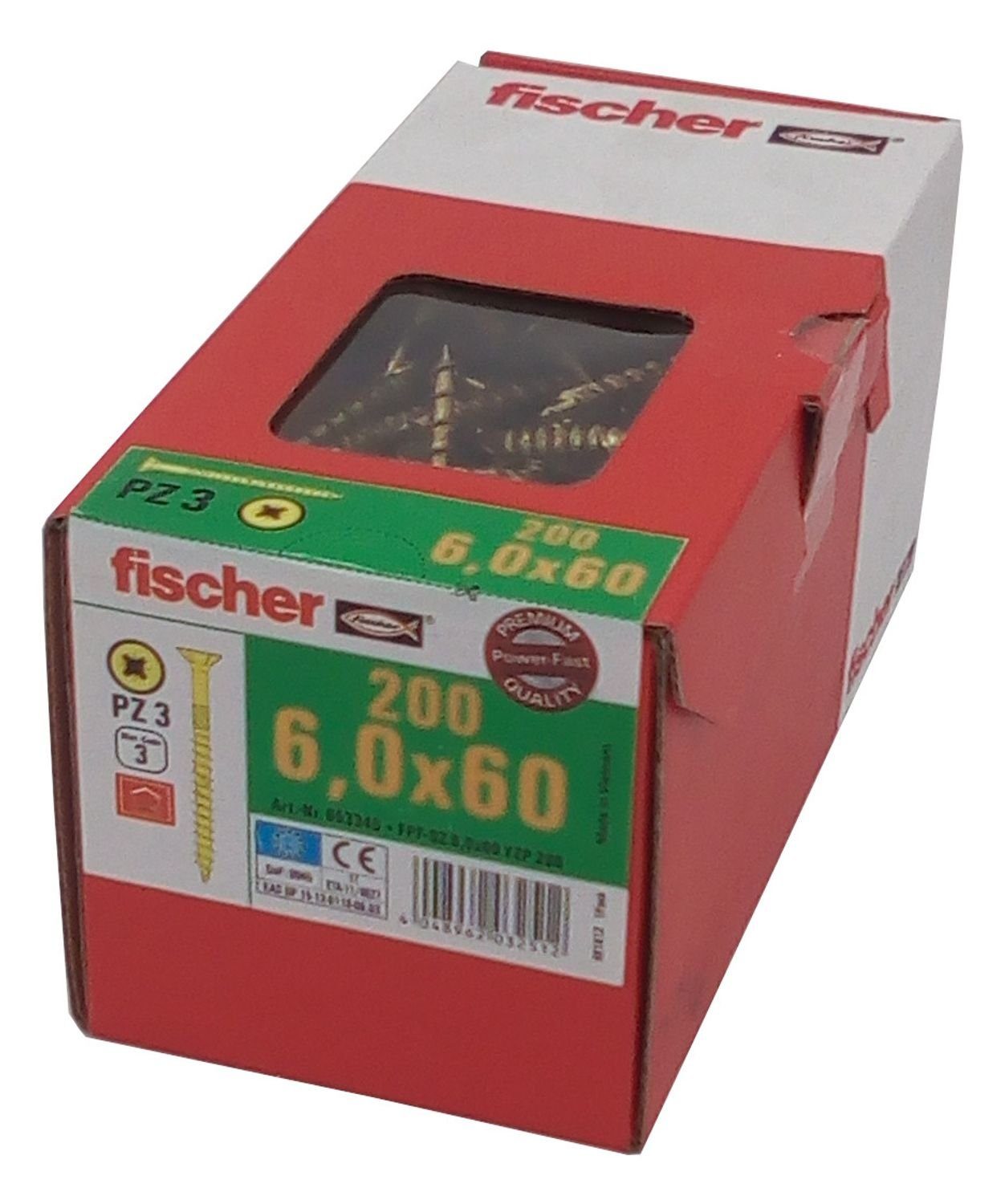 Fischer Befestigungstechnik Schraube 200x fischer Spanplattenschrauben 6,0x60 PZ3 Holzschrauben verzinkt Te, (200 St)