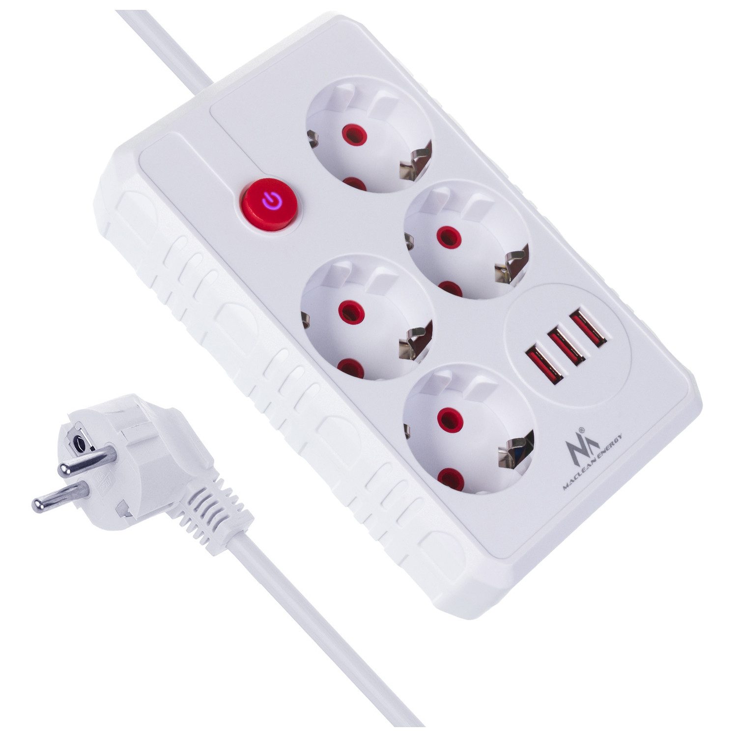 Maclean 4 Steckdosen 2500W 3xUSB Mehrfachsteckdose 4-fach (Kabellänge 3 m), 110-240V AC 50/60Hz, 2.1A