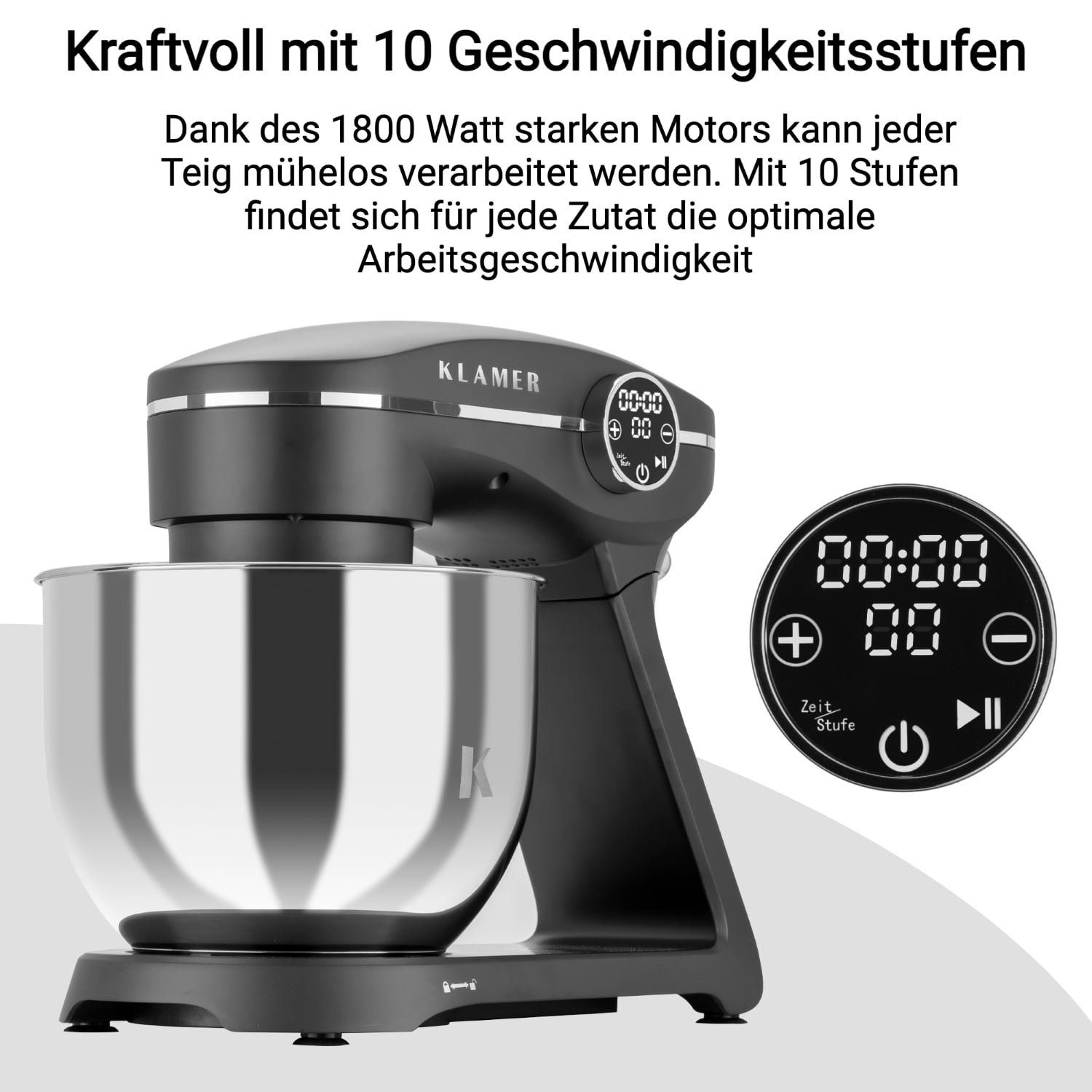 KLAMER Küchenmaschine KLAMER Küchenmaschine Knetmaschine Edelstahl 6 Liter Schüs… 1800W, mit