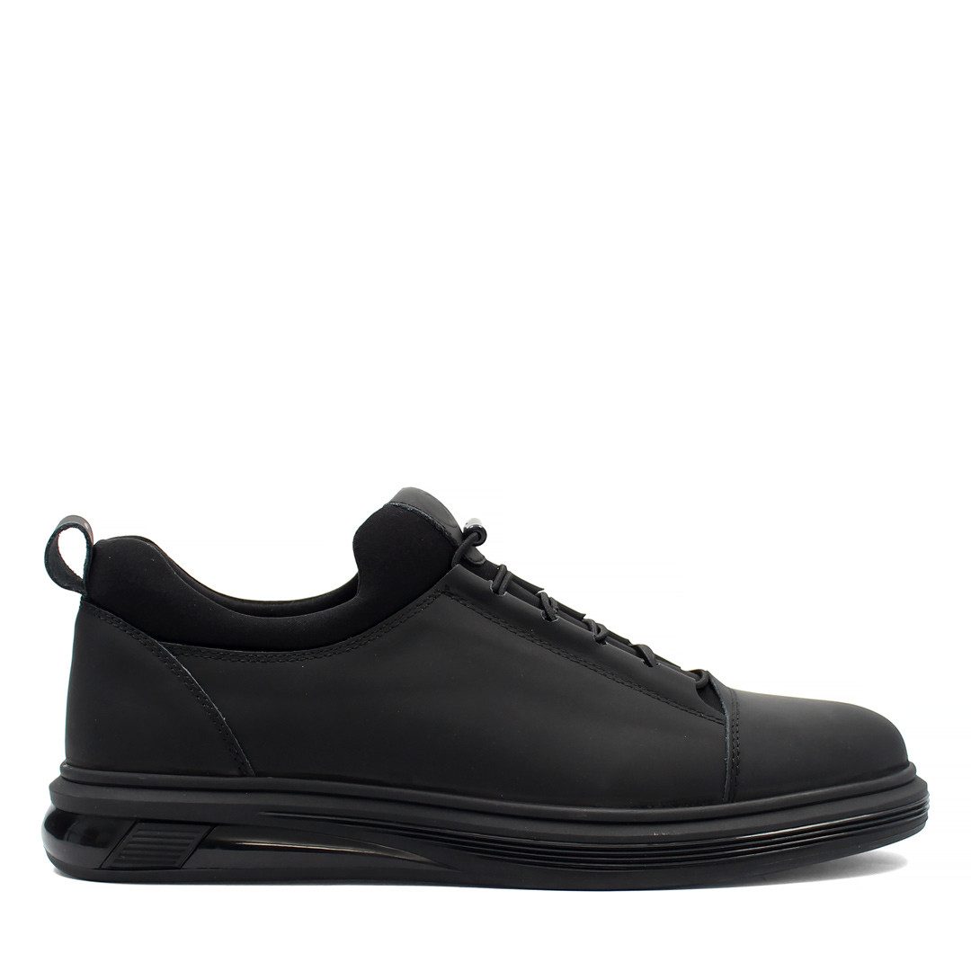 Celal Gültekin Plateausohle Leder Herren Schuhe Elastikschnürung Schwarz Low-Top Sneaker Echtleder, Polyurethan-Sohle, mattes Schwarz, 44
