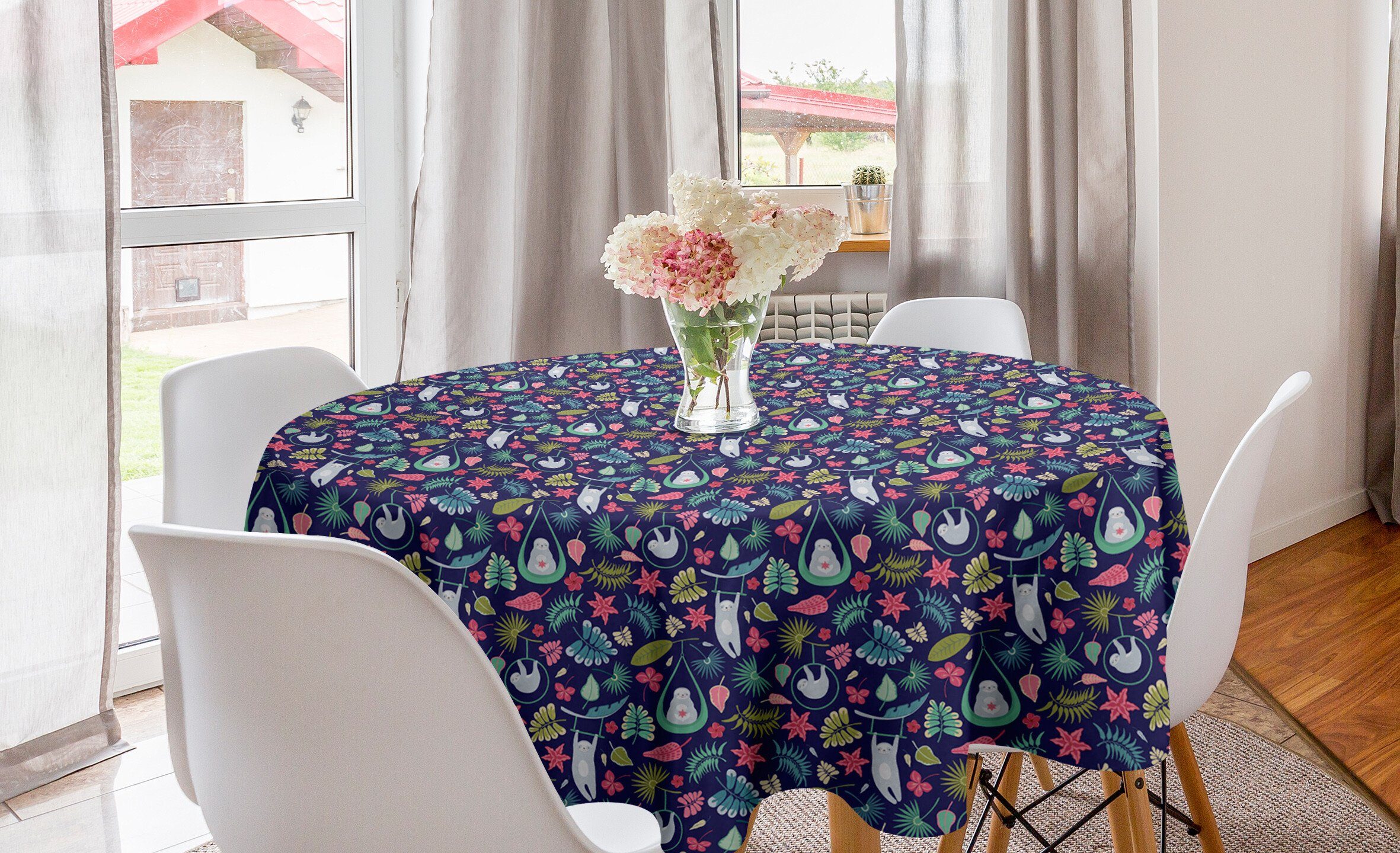 Dekoration, Küche für Tischdecke Abdeckung Abakuhaus und Esszimmer Exotische Faultier Tropisch Tischdecke Blumen Kreis