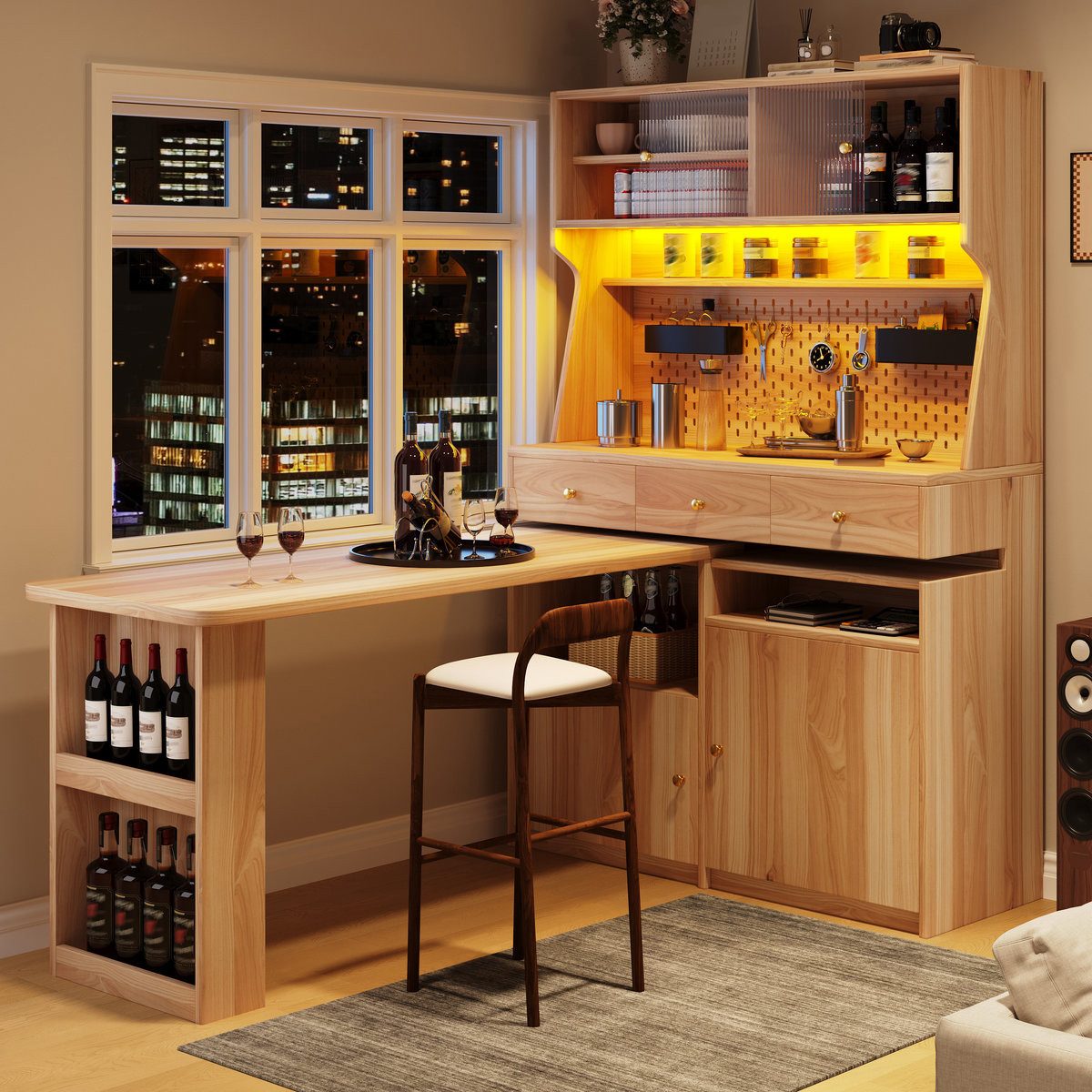 Odikalo Küchenbuffet Küchenschrank Buffetschrank mit Schreibtisch & LED (Multifunktionaler Stehschrank mit LED-Beleuchtung und App-Steuerung, Glastüren verstellbare Böden Pegboard, für Wohnzimmer, Esszimmer) 137×74×177.7cm