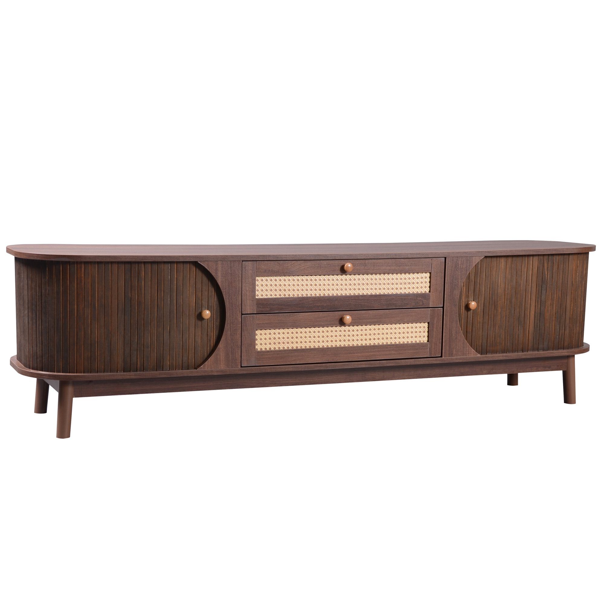 Merax Lowboard mit 2 Schubladen und 2 Bogenschiebetüren, TV-Schrank mit Rattan-Geflecht,Breite 170cm