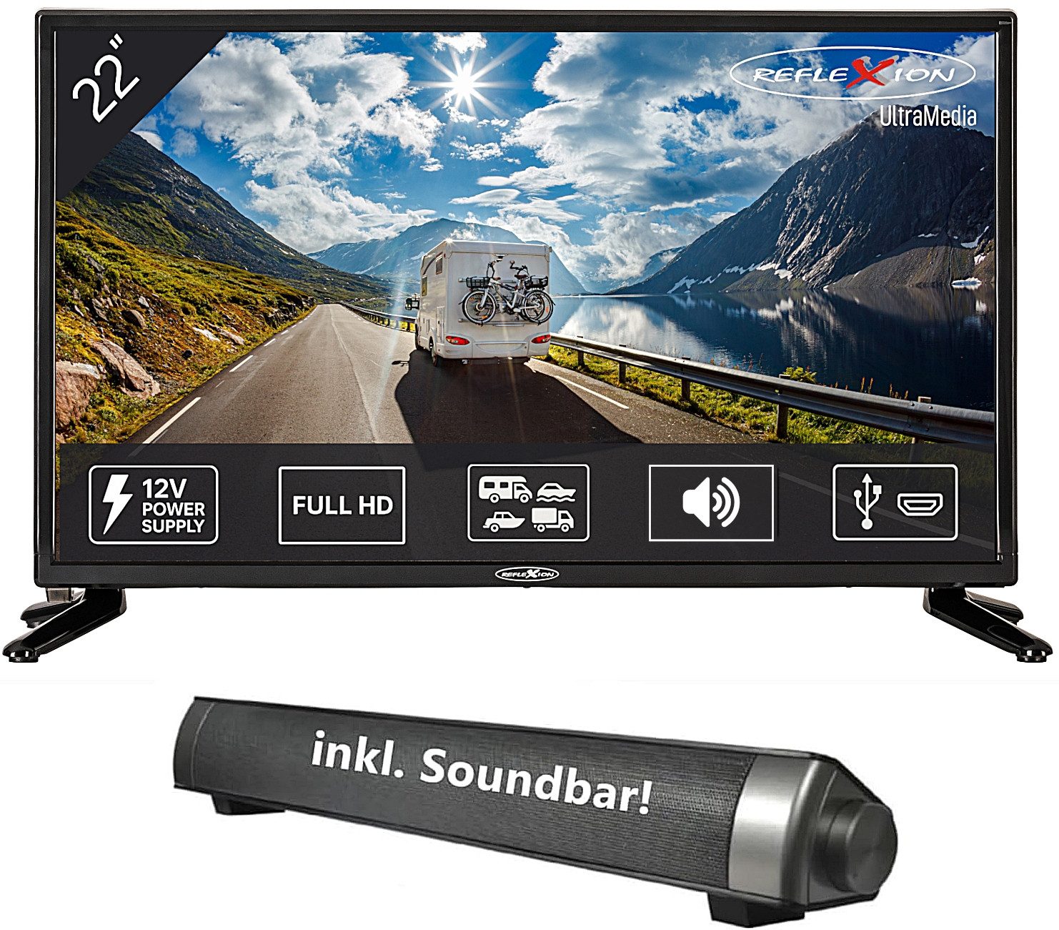 Reflexion LED2225 LED-Fernseher (55,00 cm/22 Zoll, Full HD, DC IN 12 V, Netzteil 230 V, DVB-T2HD / S2 / C, CI+SLOT, PVR)