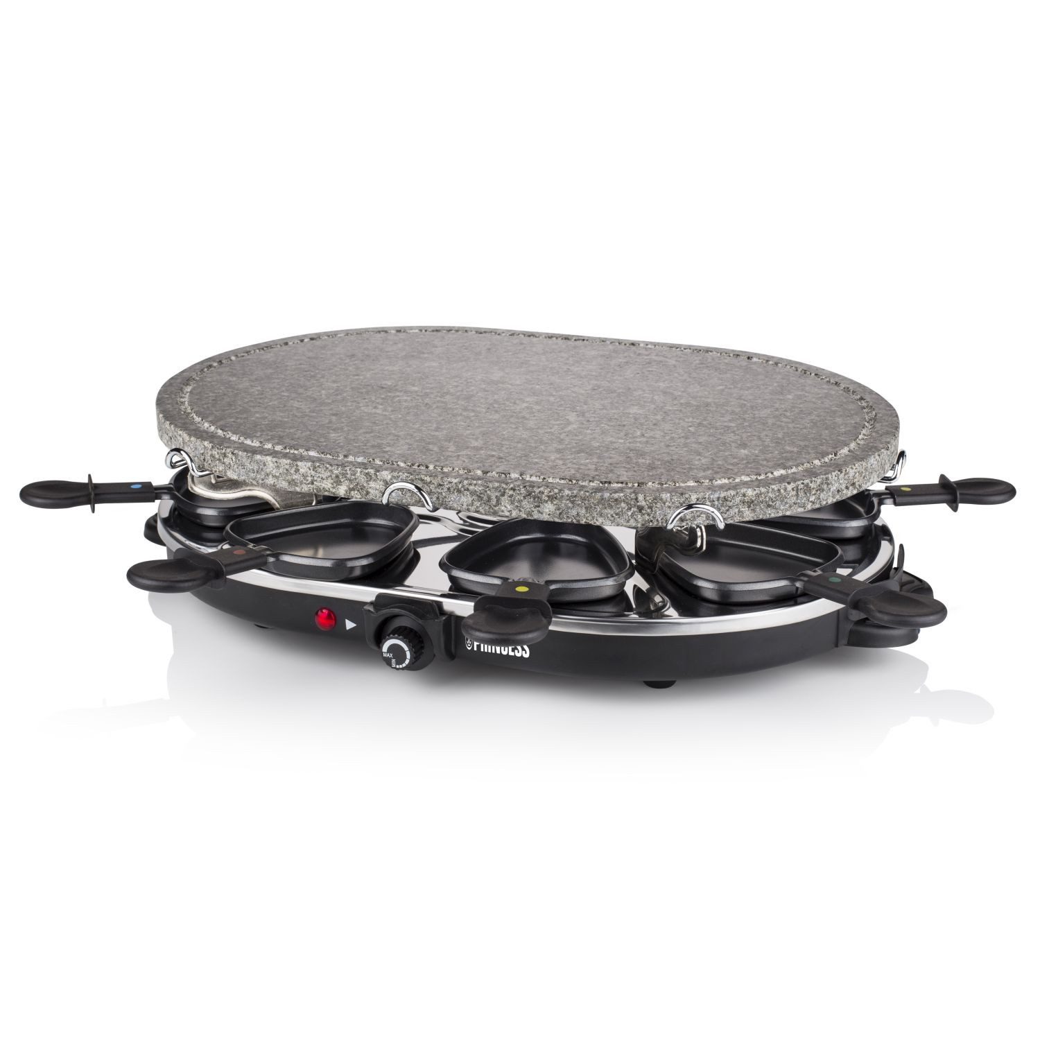 PRINCESS Raclette Princess 162720 Ovalsteingrill und Raclette-Set – 8 Personen, 8 Raclettepfännchen, 8 Personen, BPA und PFAS-frei