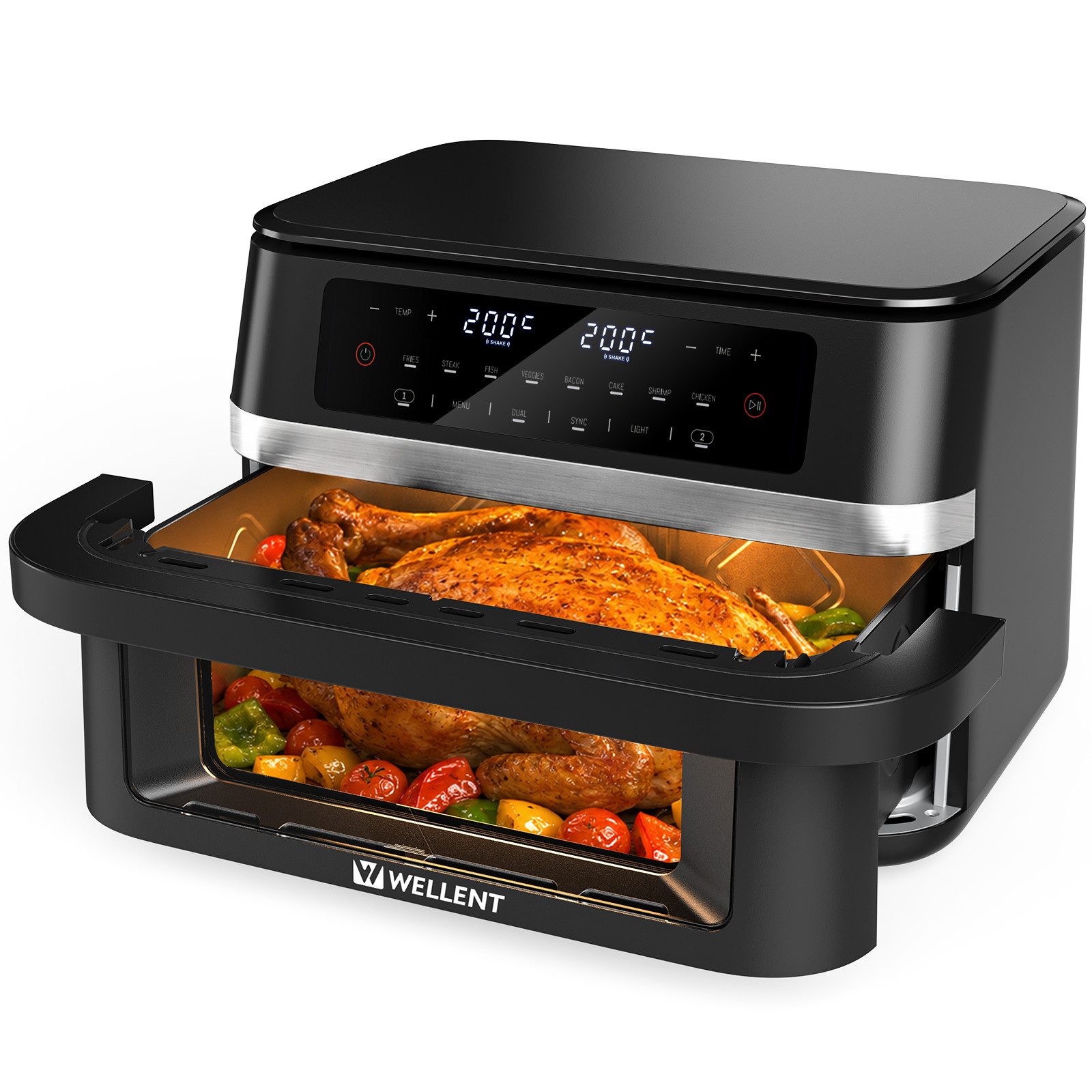 WELLENT Heißluftfritteuse DUAF-LR-100A, 2950 W, 2950 W, Innenbeleuchtung, SYNC, DUAL, Shake-Funktion, 8 Programme