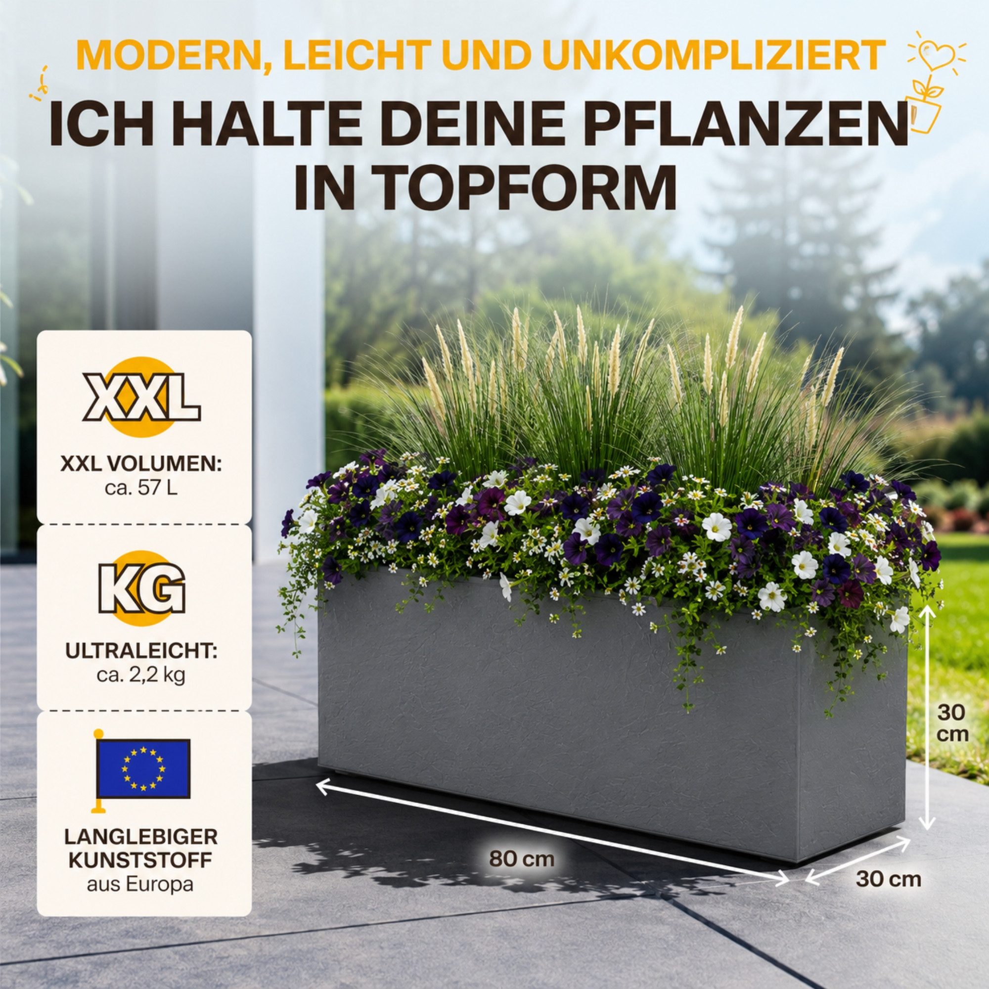 ONDIS24 Blumenkasten Vulkan 57L Gestein/Basalt Optik mit Wasserspeicher Pflanzenkasten, 79.5 x 29.5 x 29.5 (H) cm