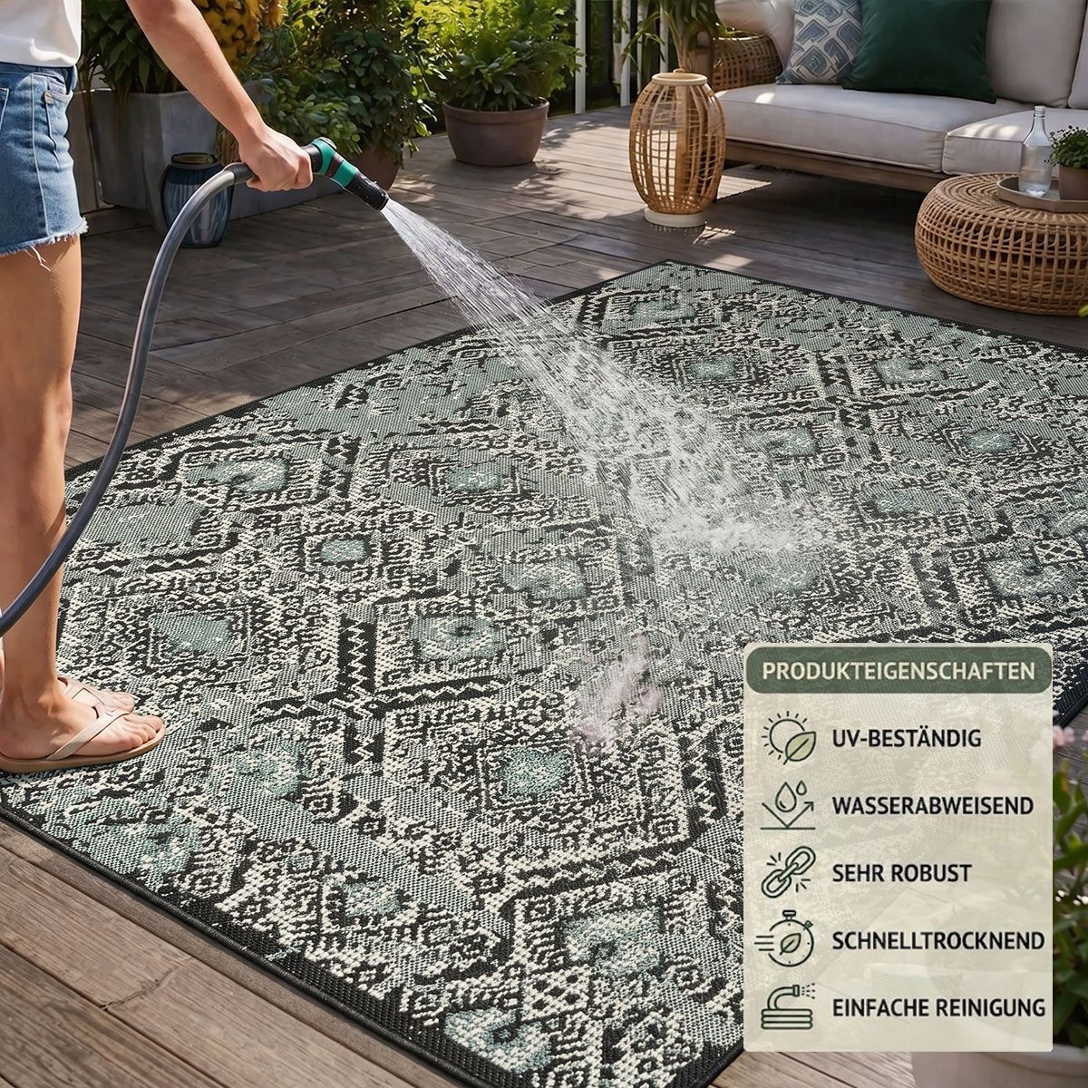 Vimoda Outdoorteppich Teppich In- und Outdoor Terrassen & Balkon Küche, Rechteckig, Höhe: 5 mm, Läufer Blumen Design wasserabweisend schnell trocknend – Bild 4 von 5