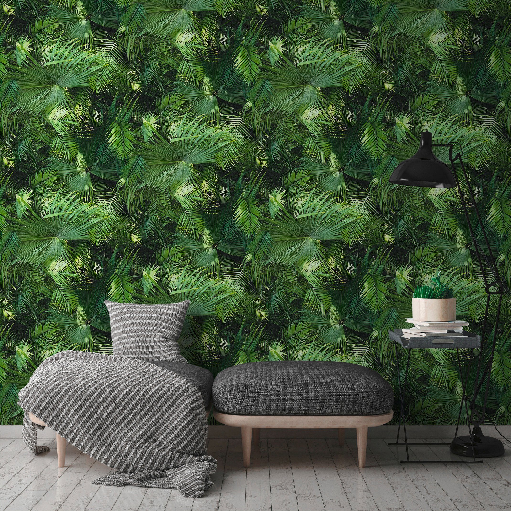 walls botanisch, Schwarz living Neue 2.0, Tapete tropisch, Palmen Vliestapete Floral Grün Bude