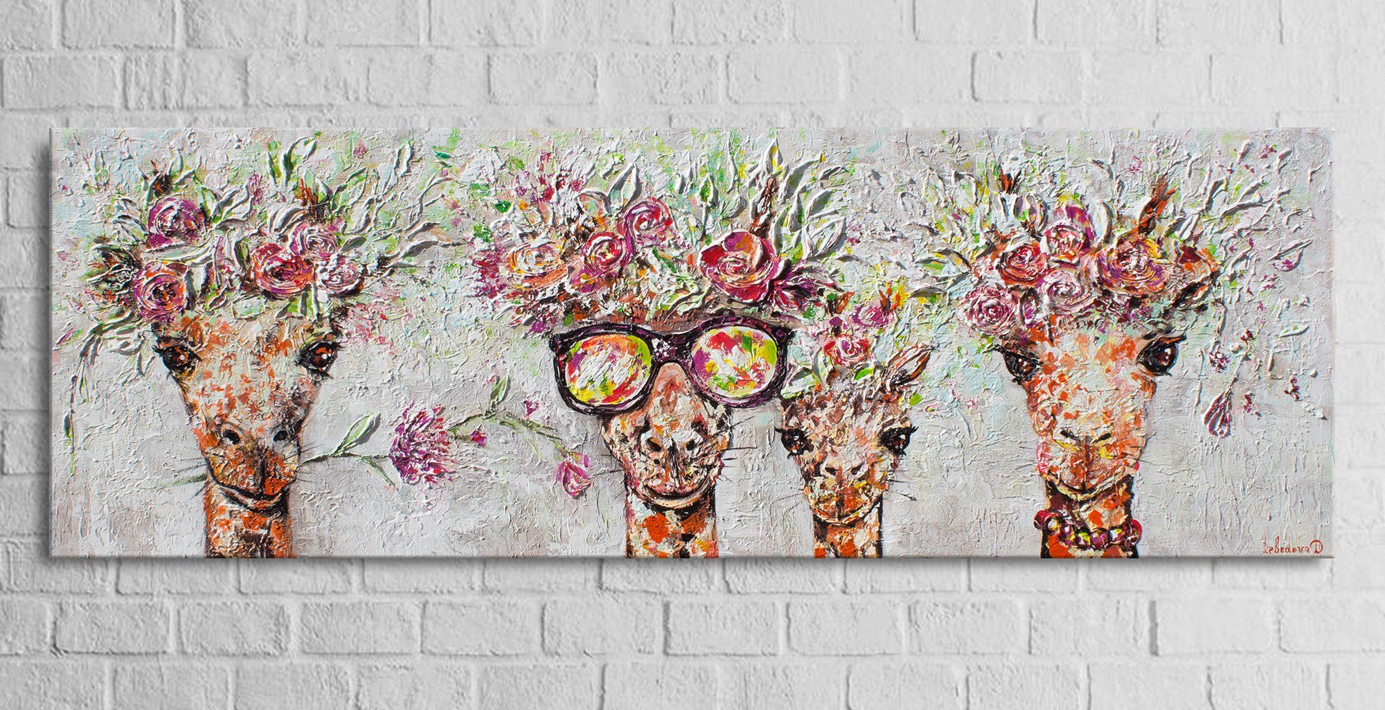 YS-Art Brille Giraffen Handgemalt Tierbilder, Leinwand Gemälde Schattenfugenrahmen Bild Giraffen, Braun Ohne Blumen Bunte