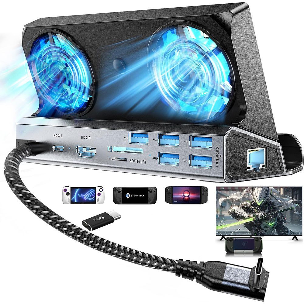 MOPUEA Konsolen-Dockingstation Steam Deck Dockingstation 13 in 1 4K HDMI Dual Lüfter USB C Hub, (Dockingstation Set für Steam Deck und USB C Geräte, 13 in 1 Dockingstation mit HDMI Ethernet USB und Kühlung), 13 in 1 Dock 4K HDMI Dual Lüfter 100W PD USB C Hub