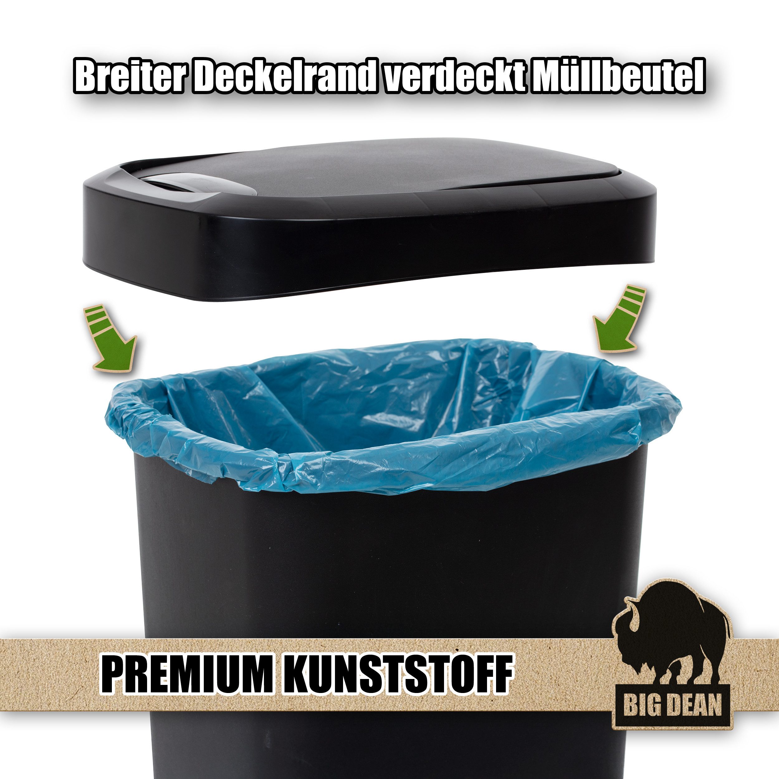 BigDean Mülleimer 50 Liter Schwing & Klappdeckel schwarz Küche, Flexible, Platzspaarend