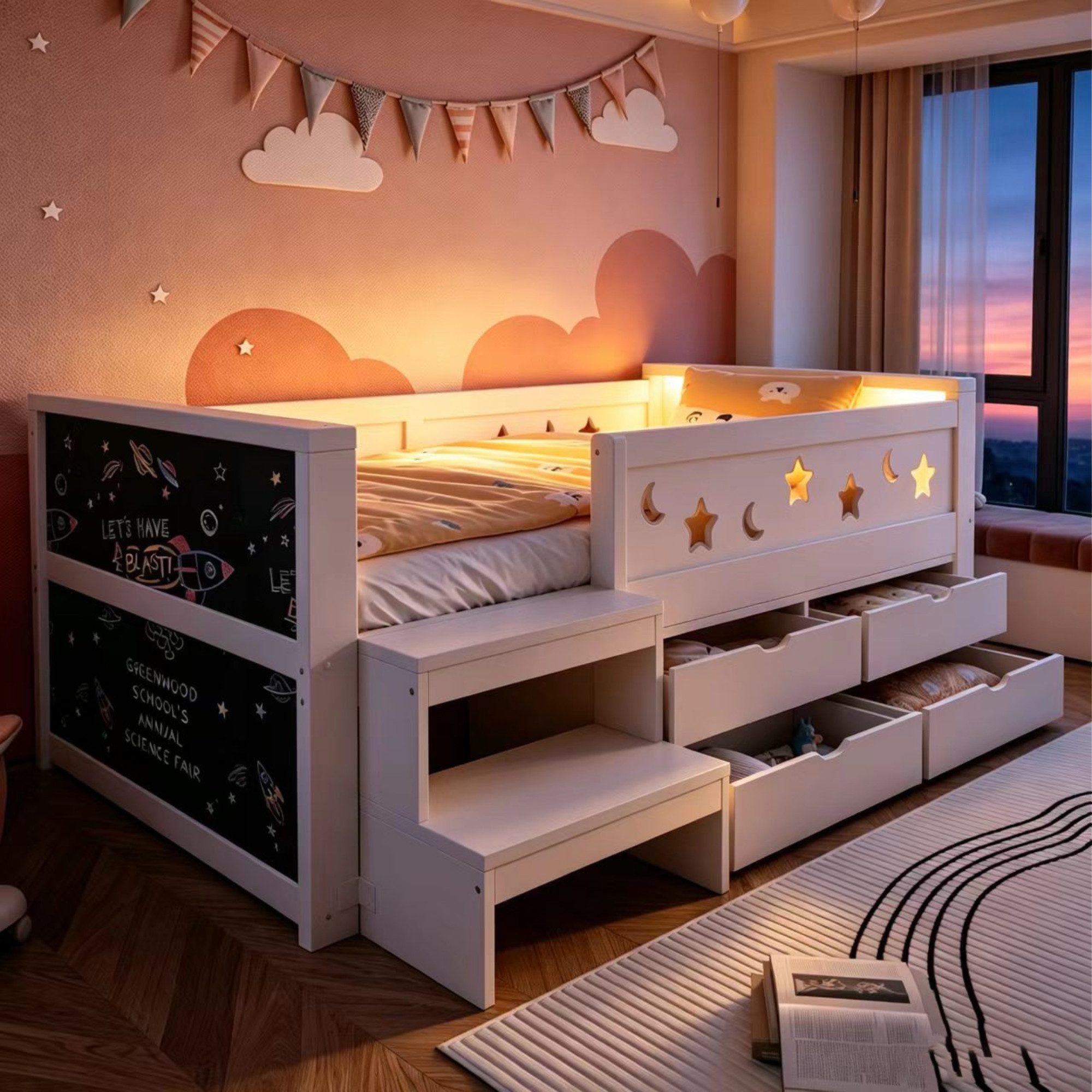 Merax Kinderbett 90×200cm mit LED-Beleuchtung & Stern- & Mond-Sicherheitsgitter (1-tlg), Kiefernholz Jugendbett mit Kreidetafel, 4 Schubladen & Tritthocker