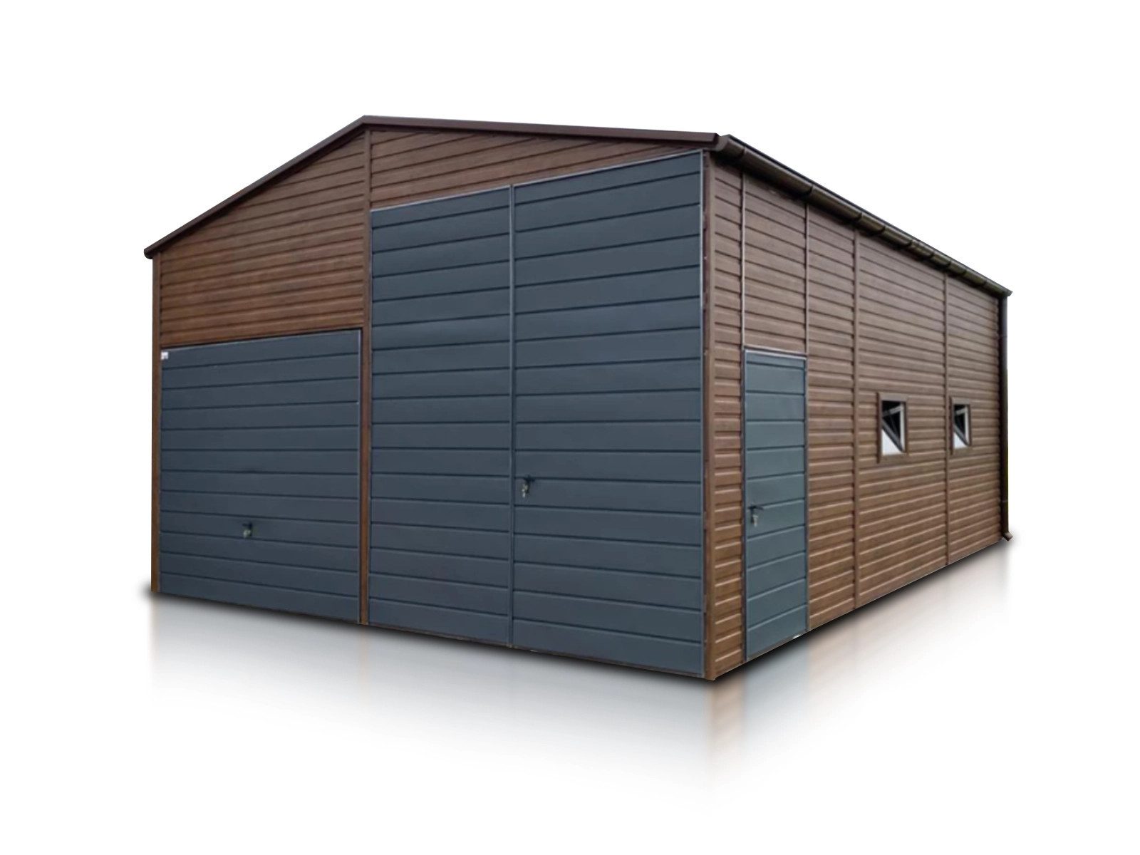 LiderStal Garage Blechhalle 600 x 800 cm Holzoptik Nussbaum Satteldach 2 Tore (Set), Satteldach, Schwingtor und Doppelflügeltor, Holzoptik
