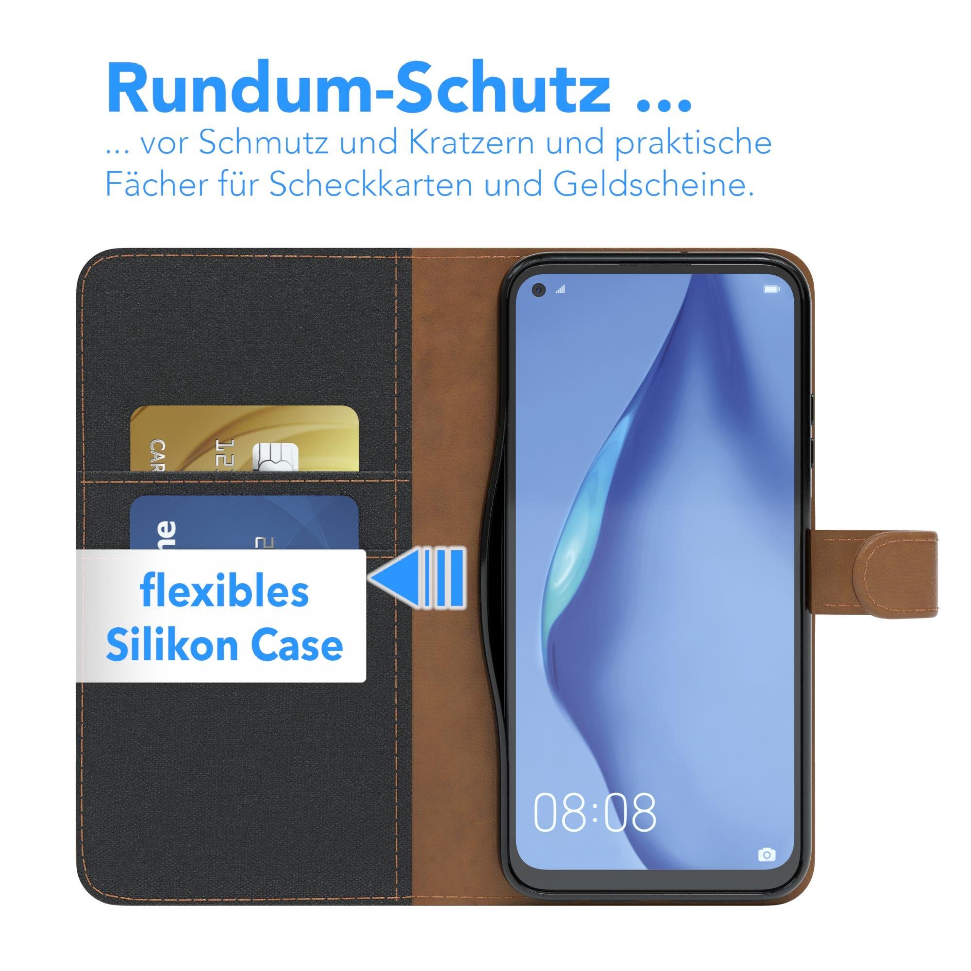 EAZY CASE Handyhülle Bookstyle Jeans für Huawei P40 Lite / Nova 7i 6,4 Zoll, Handytasche Jeans mit Standfunktion und Visitenkartenfach Schwarz