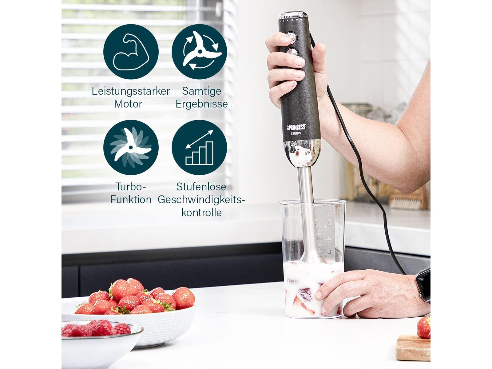 PRINCESS Stabmixer, 1200 W, SET Power Hand Küchen-Mixer Pürierstab Zauber Mix-Stab Turbo Funktion
