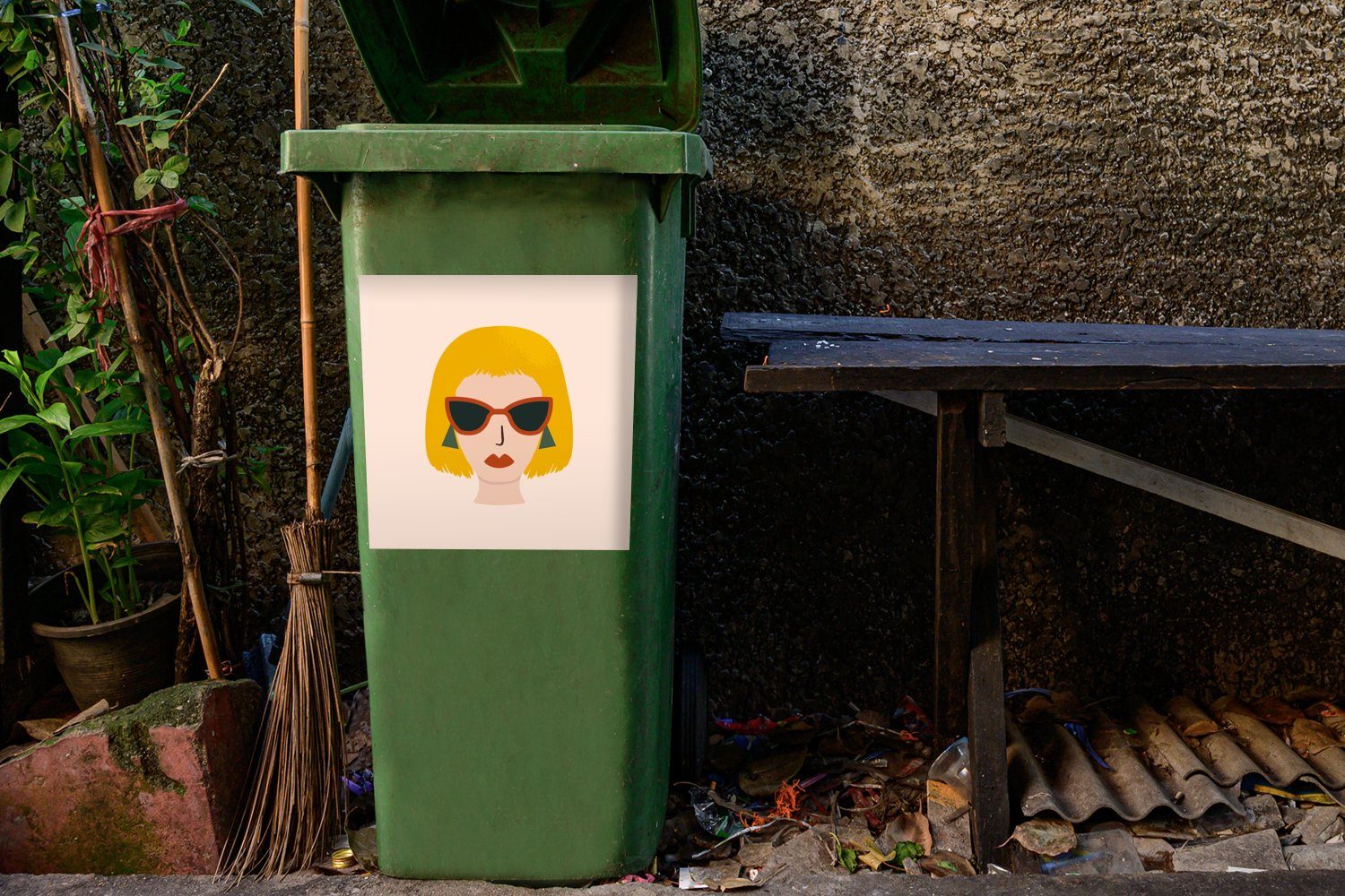 Abfalbehälter Wandsticker Mülleimer-aufkleber, MuchoWow St), Mülltonne, (1 Sommer Container, Frau Sonnenbrille - Sticker, -