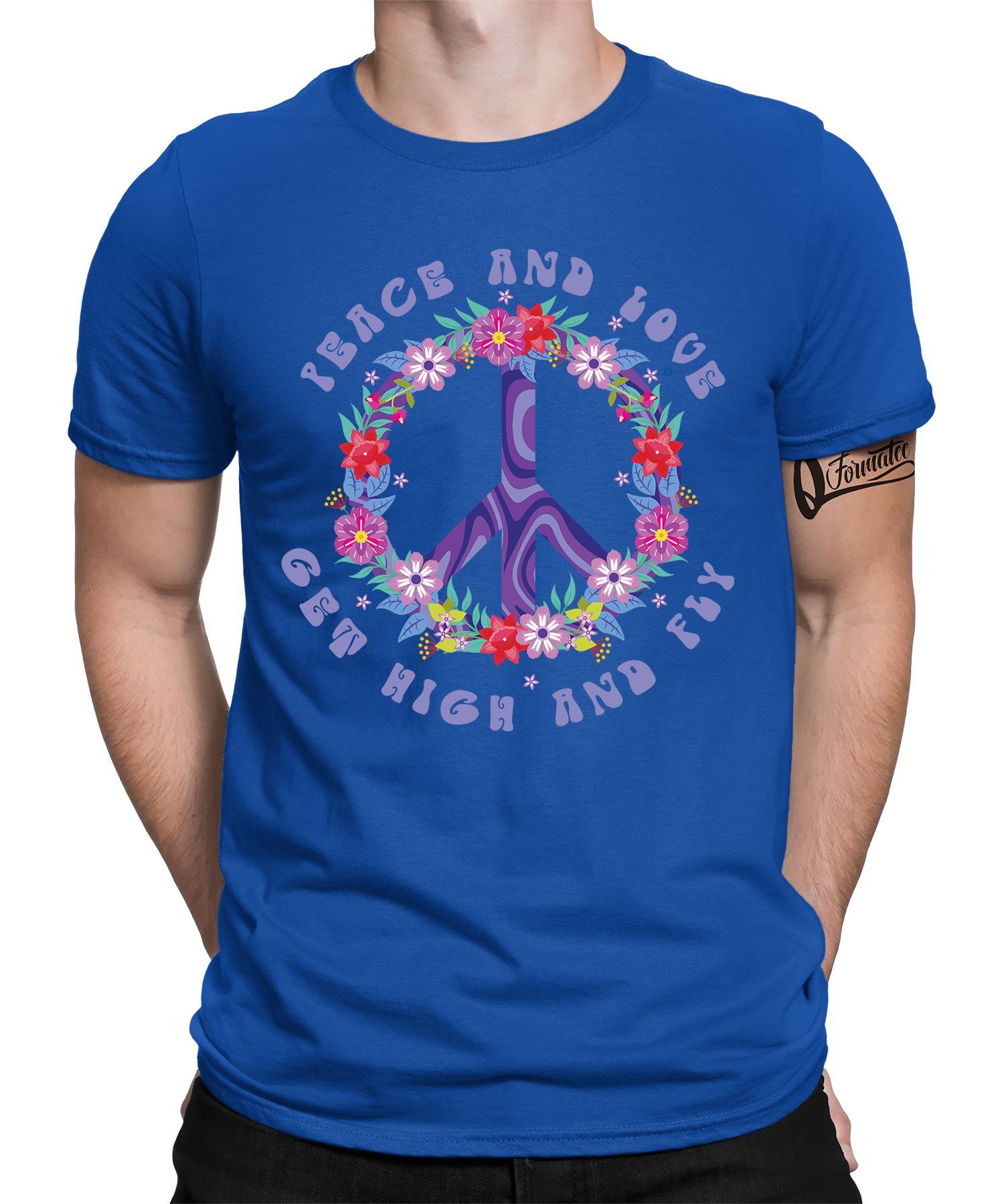 [Wir haben viele verfügbar] Quattro Formatee Kurzarmshirt Peace and - Love 60er (1-tlg) Frieden Hippie Blau Fly and High get 70er Kostüm