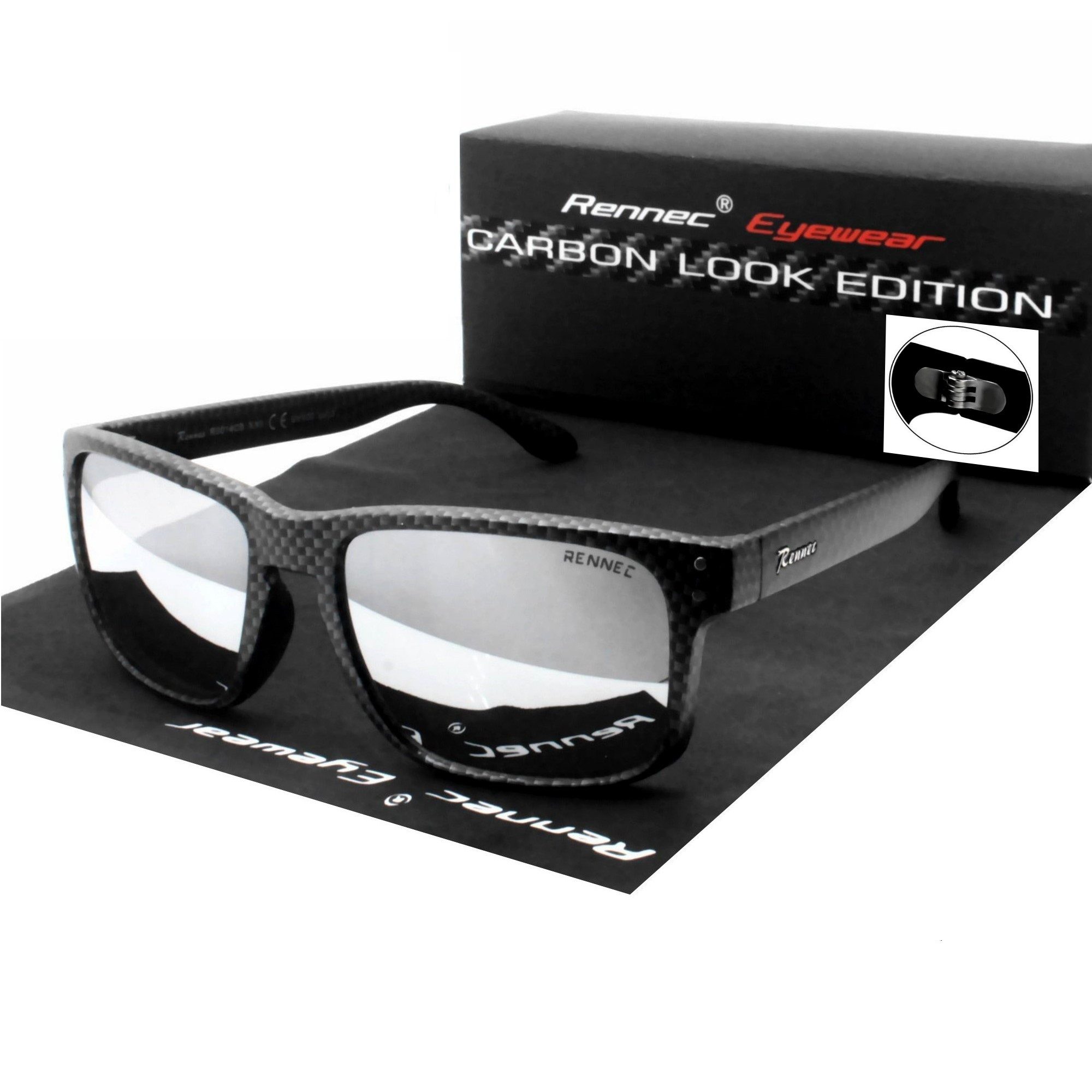 Rennec Sonnenbrille (Rechteckige Sonnenbrille Herren Carbon Optik Gläser Silber Verspiegelt) Motorsport Optik Brille mit stabile Edelstahlgelenke und Marken Logo