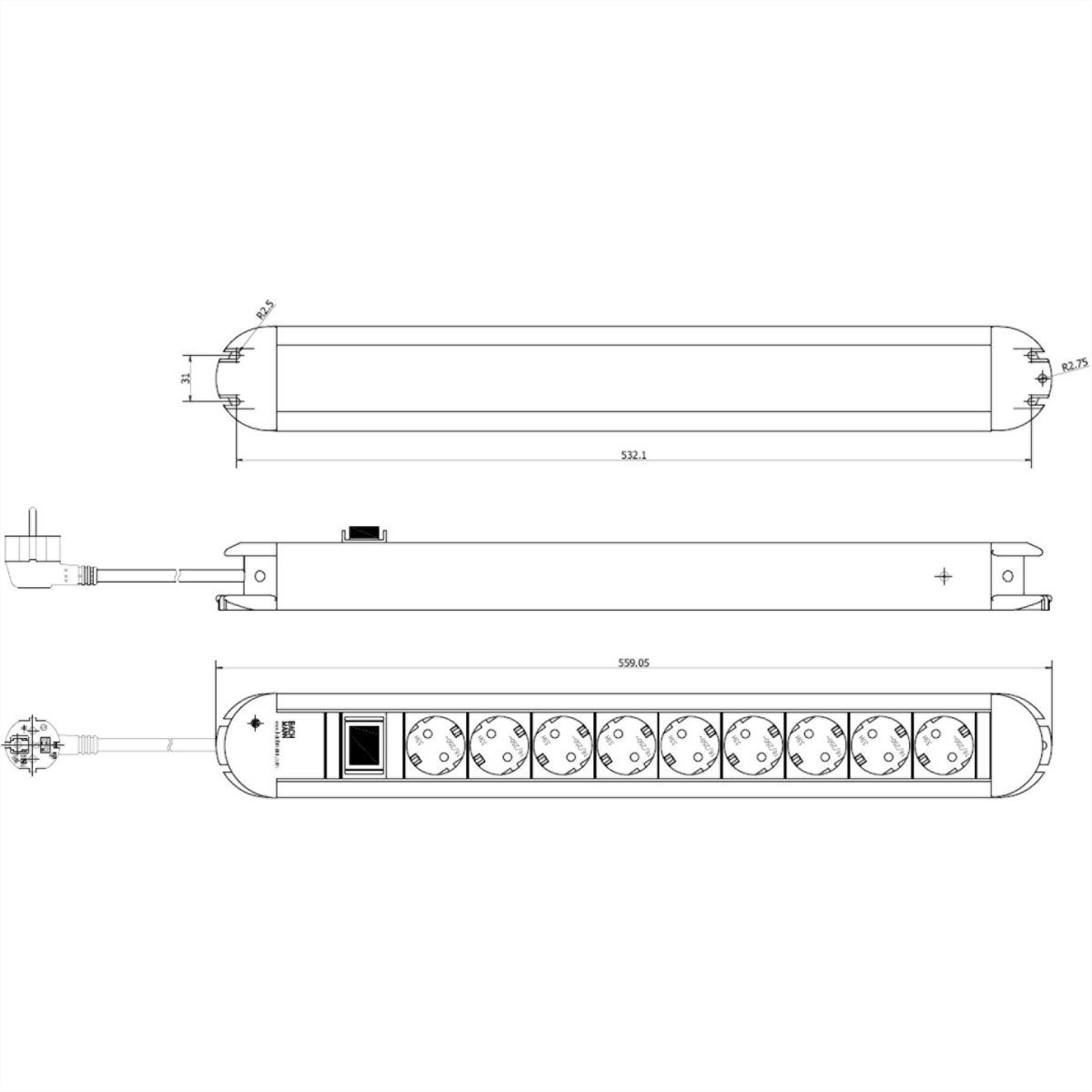 Bachmann PRIMO Steckdosenleiste 9x Schutzkontakt, Aluminium, mit Schalter Steckdosenleiste (Kabellänge 1.75 m), 330.072