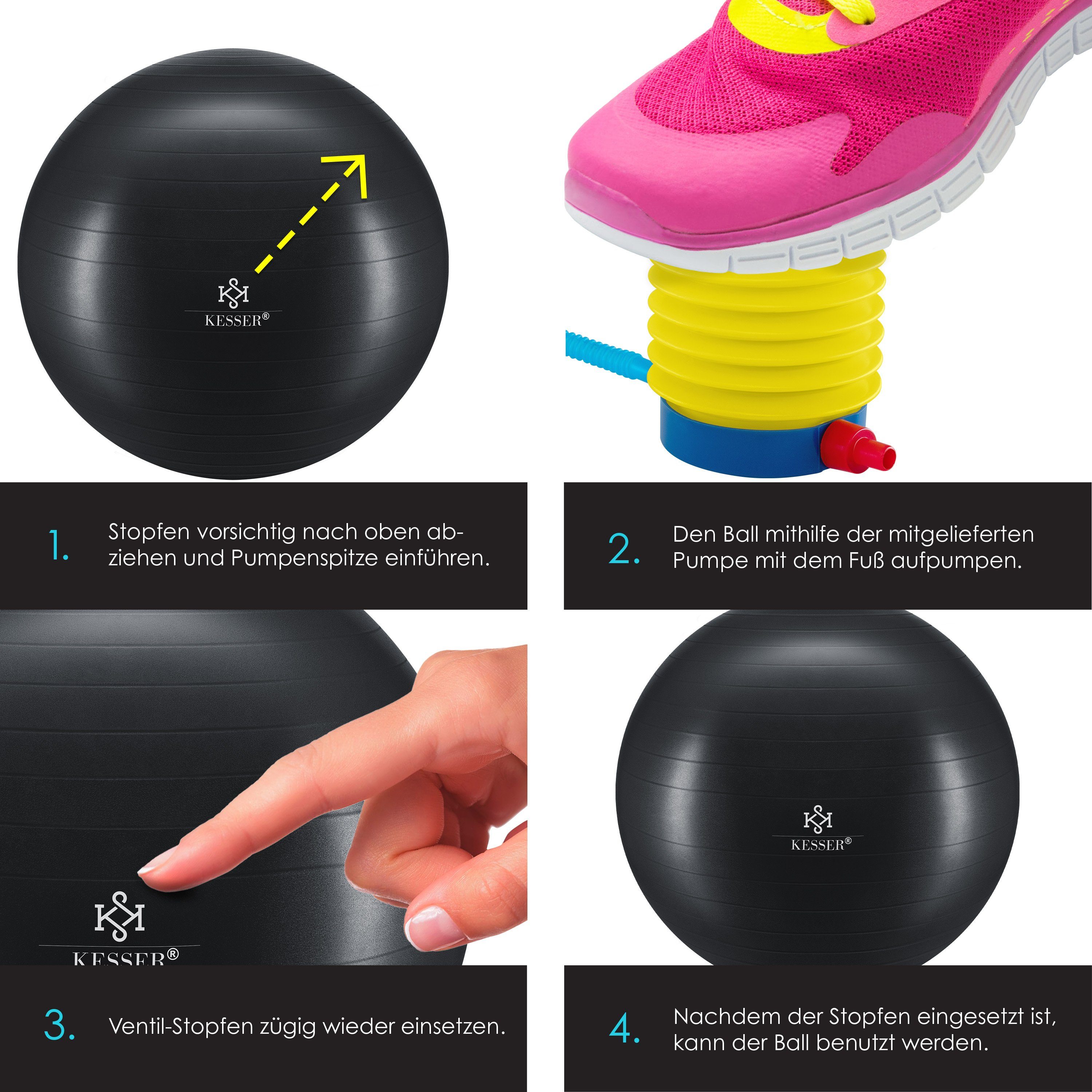 KESSER Gymnastikball, Gymnastikball Pumpe mit BPA-Frei Yogaball Luftpumpe schwarz Dicker