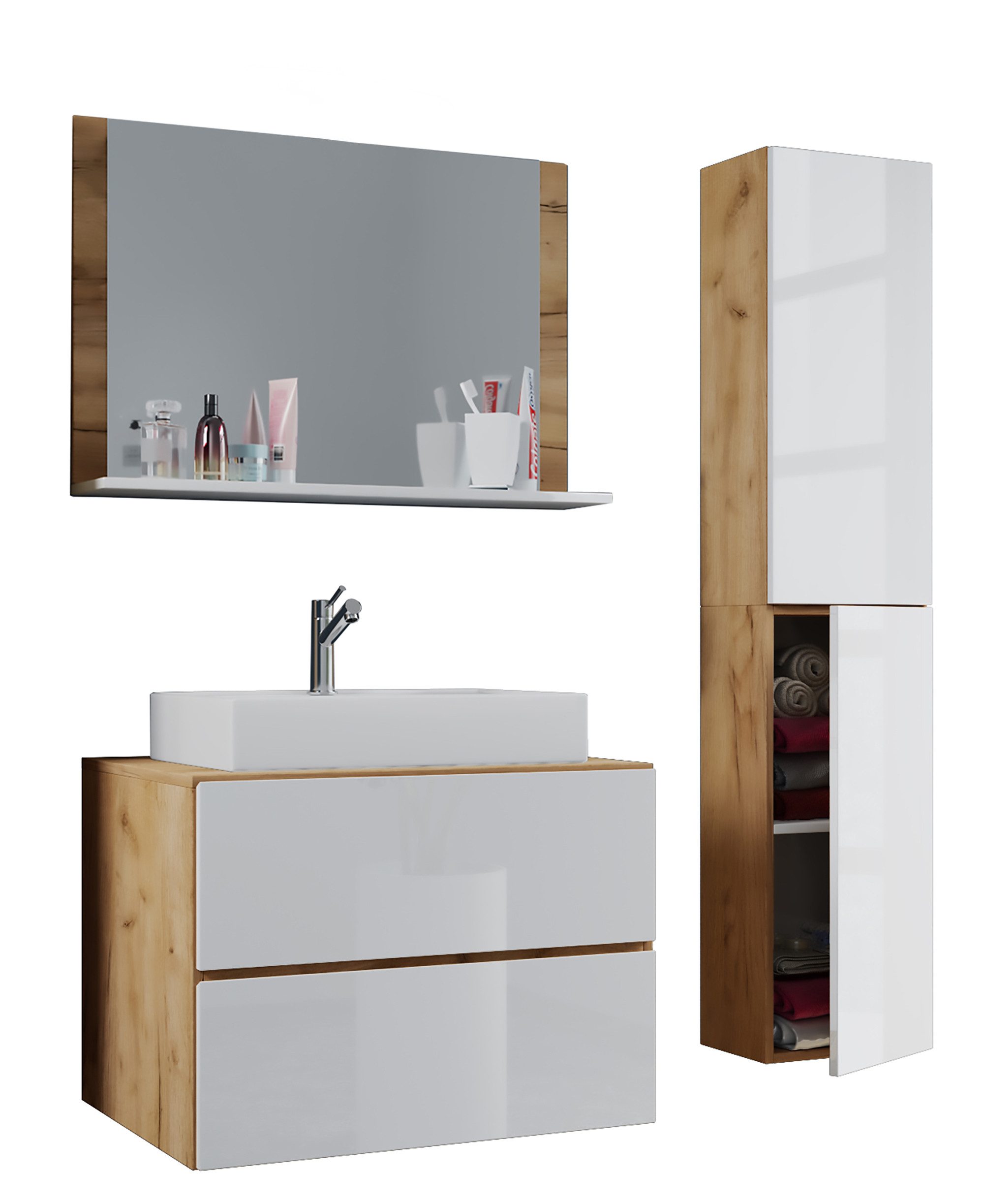 VCM Waschtisch Lendas 4er Set B. 80 x T. 52 x H. 52 cm (Set, 4-St., 1x Unterschrank 1x Waschbecken 1x Spiegel 1x Hochschrank), Waschplatz mit reichlich Stauraum, 6 Fächer, 2 Schubladen, Drehtüren