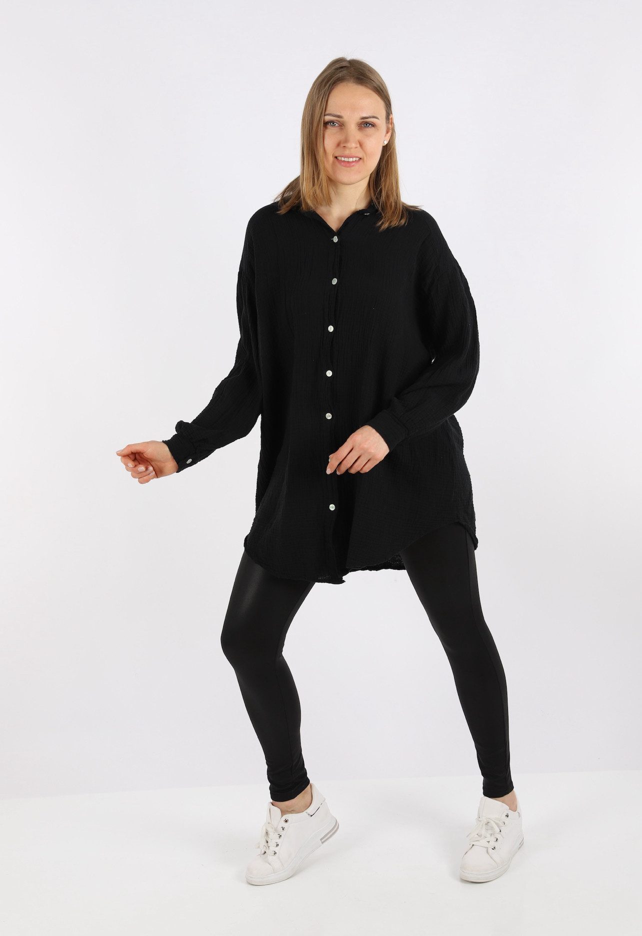 HELLO MISS Blusenkleid Beliebte Musselin Oversize Bluse in Lang, Baumwolle Hemd, Sommer Bluse in Unifarbe