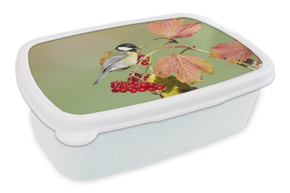 MuchoWow Lunchbox Tolle Meise zwischen den roten Blättern, Kunststoff, (2-tlg), Brotbox für Kinder und Erwachsene, Brotdose, für Jungs und Mädchen weiß