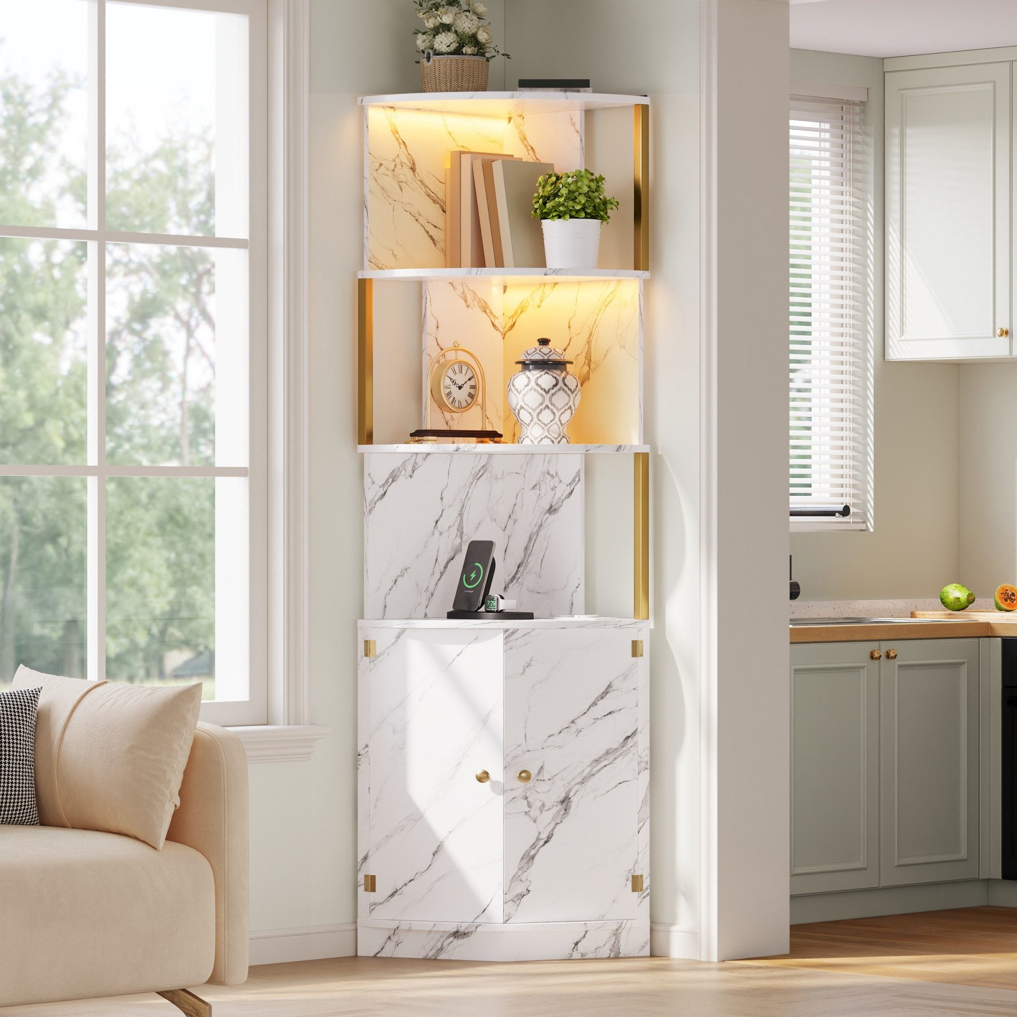 Flieks Eckschrank Hochschrank mit LED-Beleuchtung, Steckdosen, 5 Fächern Marmoroptik (38×38×180 cm, 1-St., für Küche, Esszimmer, Wohnzimmer, Schlafzimmer) L-förmig Multifunktionsschrank Bücherregal Eckregal Standregal Weiß